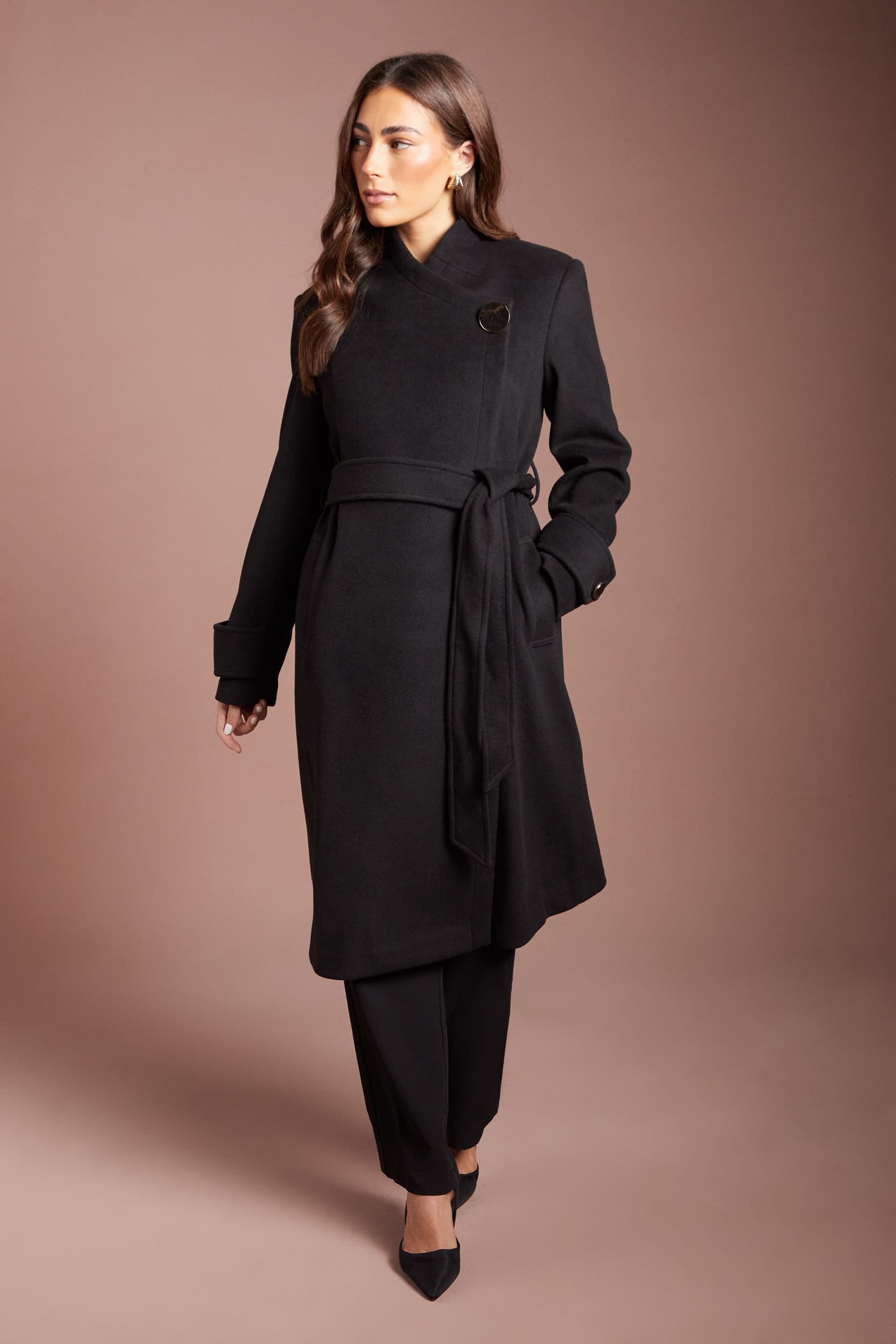 Coast Coast Women's Asymmetric Wrap Wool Look Midi Coat in Black