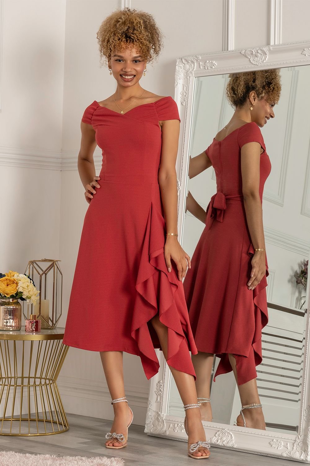 Jolie Moi Jolie Moi Women's Desiree Frill Fit & Flare Dress in Dark Red - 3