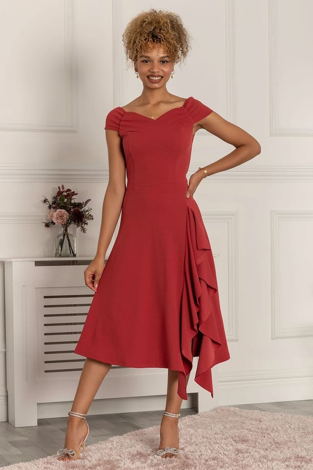 Jolie Moi Jolie Moi Women's Desiree Frill Fit & Flare Dress in Dark Red - 3