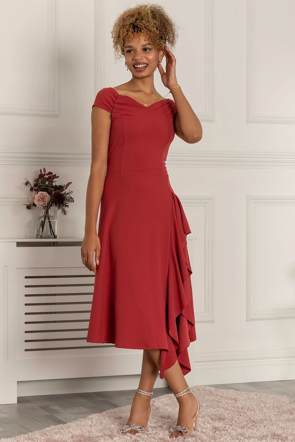 Jolie Moi Jolie Moi Women's Desiree Frill Fit & Flare Dress in Dark Red - 4