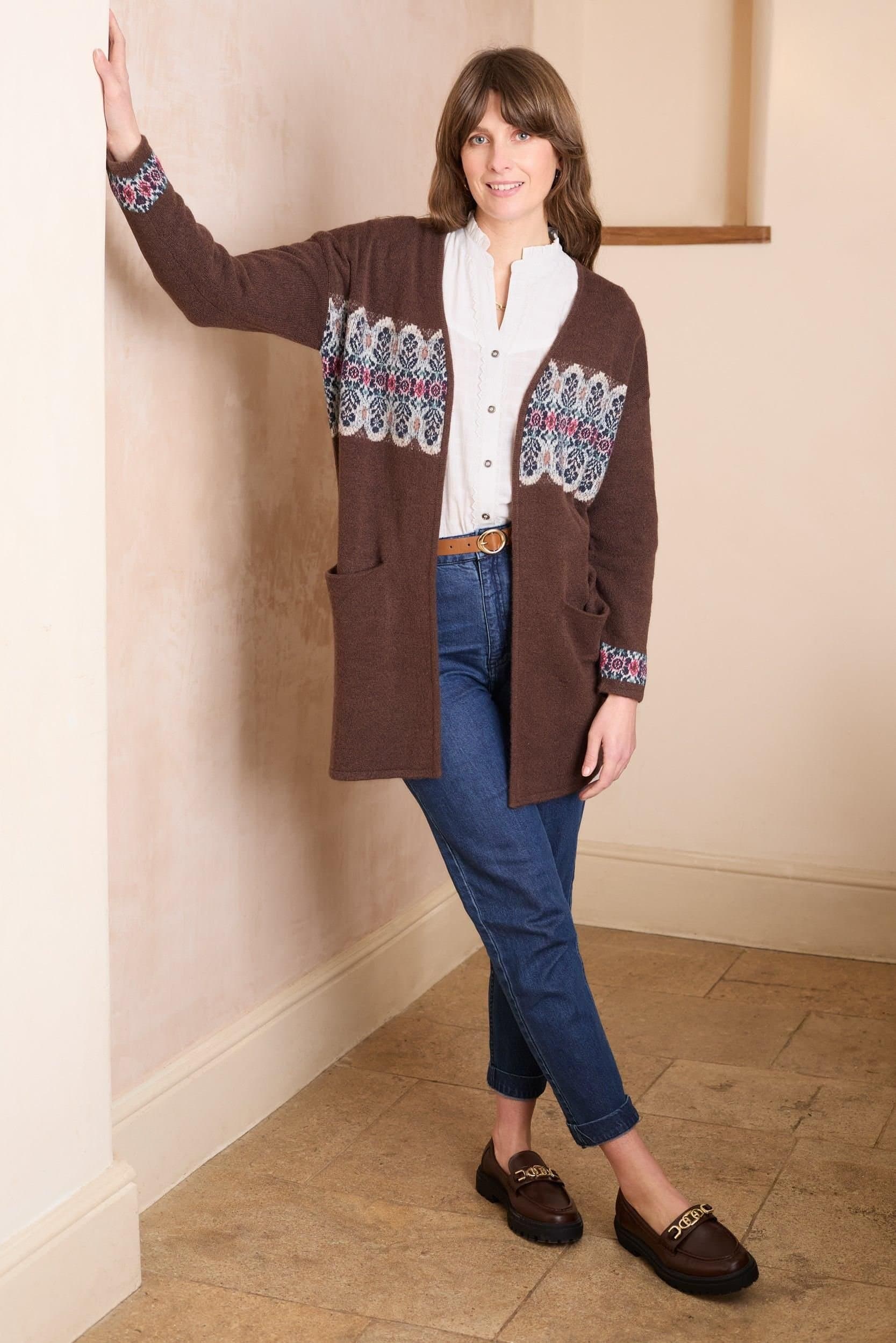 Lily & Me Lily & Me Women's Isle Fair Isle Knitted Longline Cardigan with Large patch pockets in Chocolate