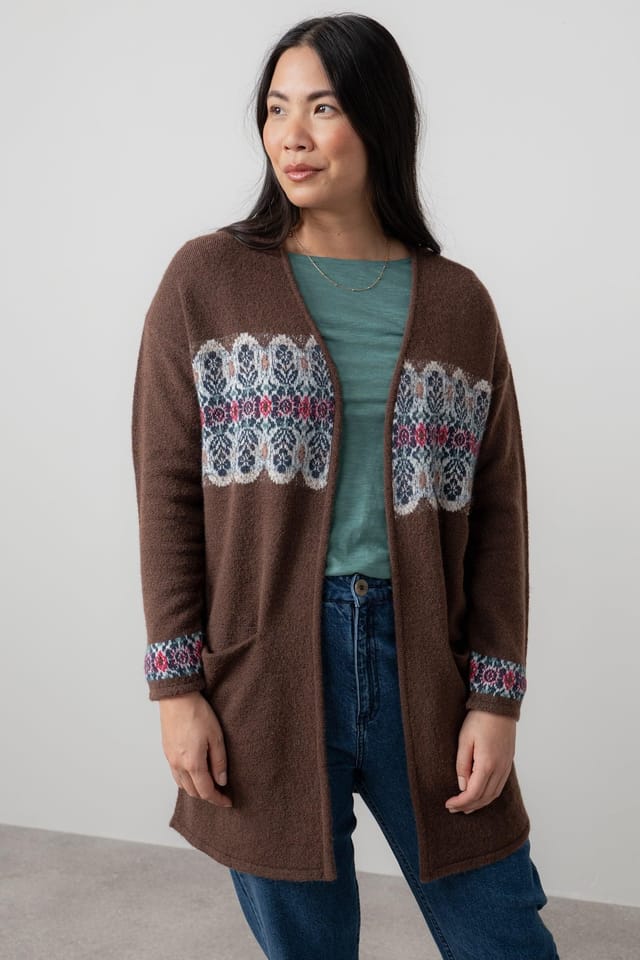 Lily & Me Lily & Me Women's Isle Fair Isle Knitted Longline Cardigan with Large patch pockets in Chocolate - 2