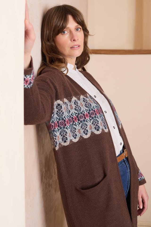 Lily & Me Lily & Me Women's Isle Fair Isle Knitted Longline Cardigan with Large patch pockets in Chocolate - 3