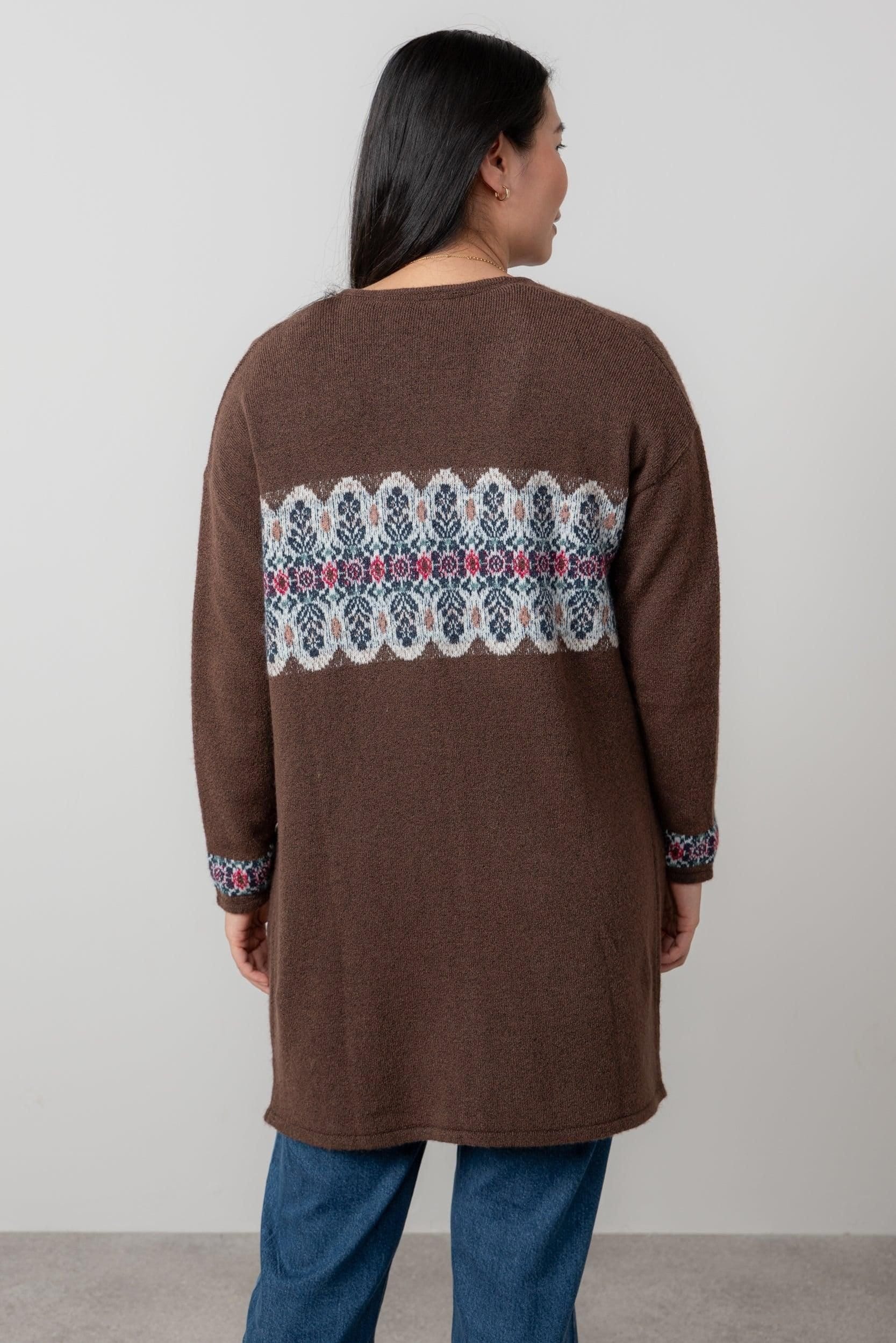 Lily & Me Lily & Me Women's Isle Fair Isle Knitted Longline Cardigan with Large patch pockets in Chocolate - 4