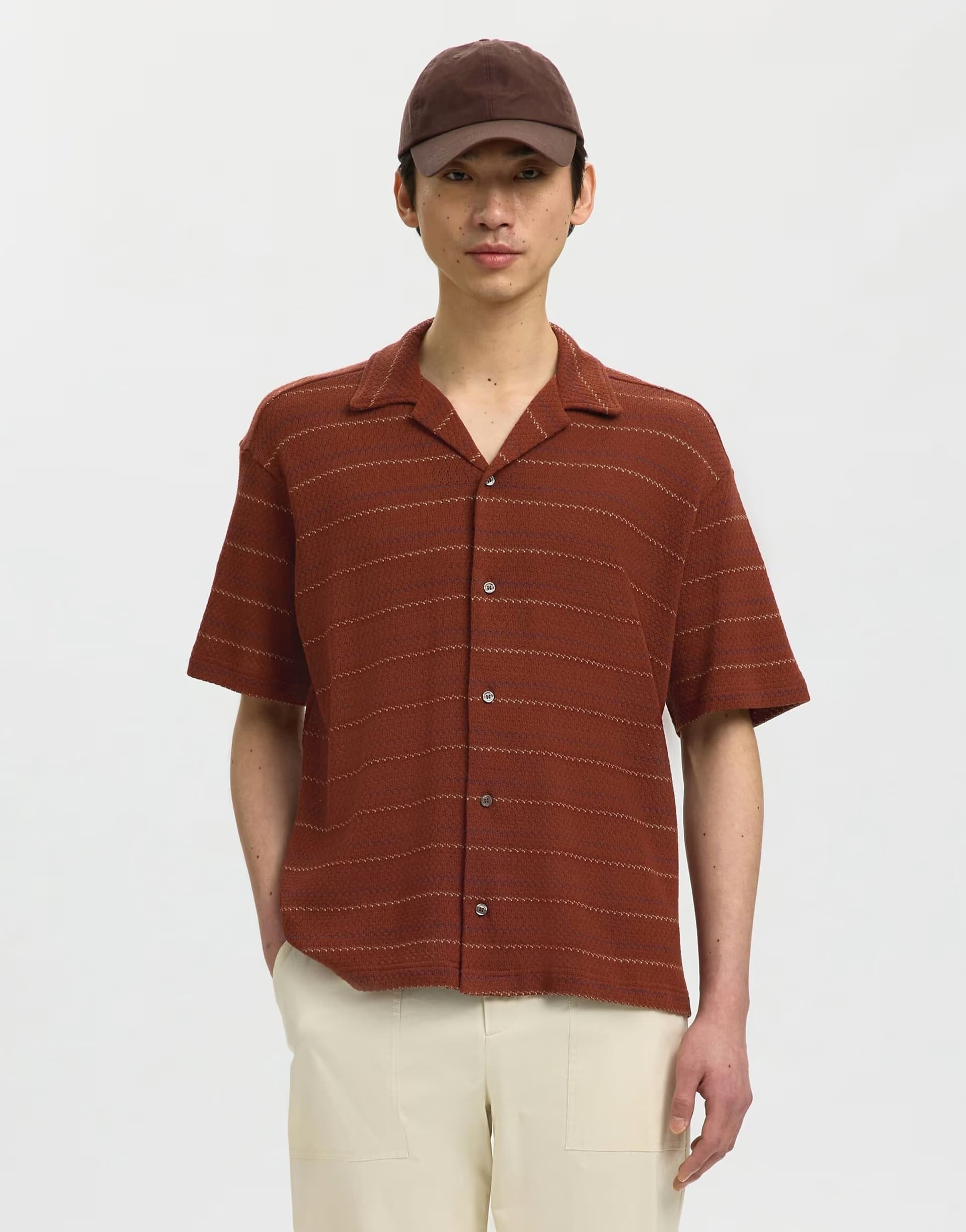ASOS Selected Short sleeved shirt in cherry mahogany