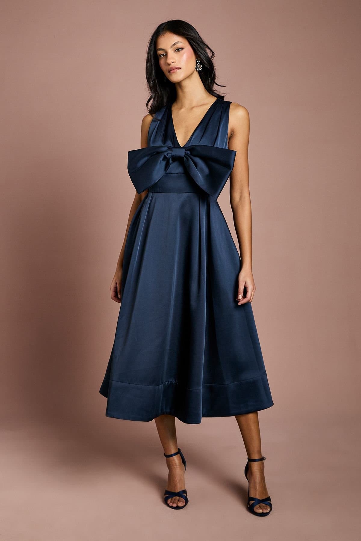 Coast Coast Women's Petite Satin Midi Dress With Bow Detail in Navy