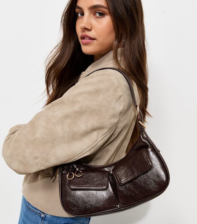 New Look Dark Brown Patent Faux Leather Utility Shoulder Bag New Look - 2