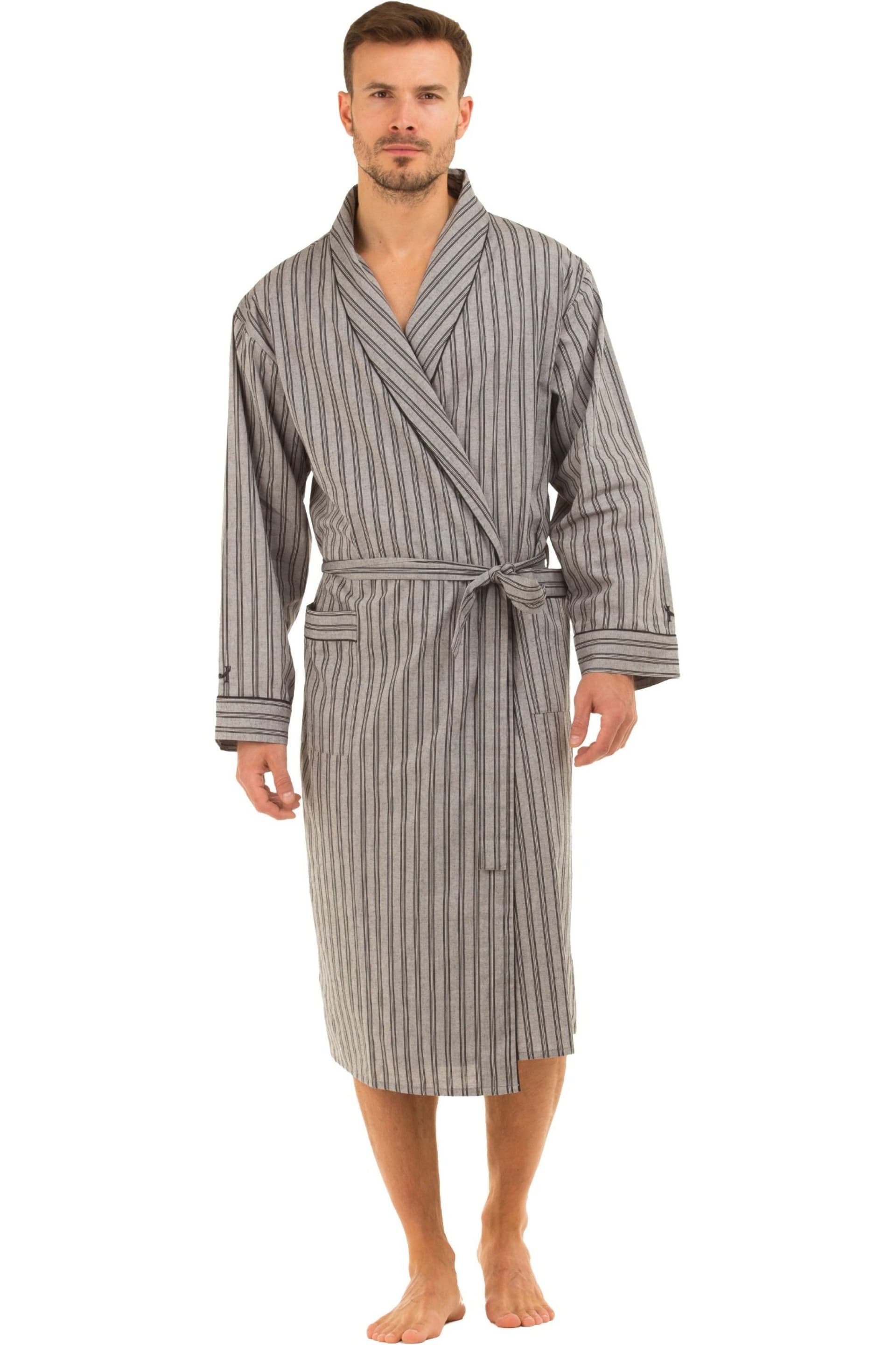 Haigman Haigman Men's Men's Yarn Dyed Cotton Poplin Shawl Collar Dressing Gown in Grey