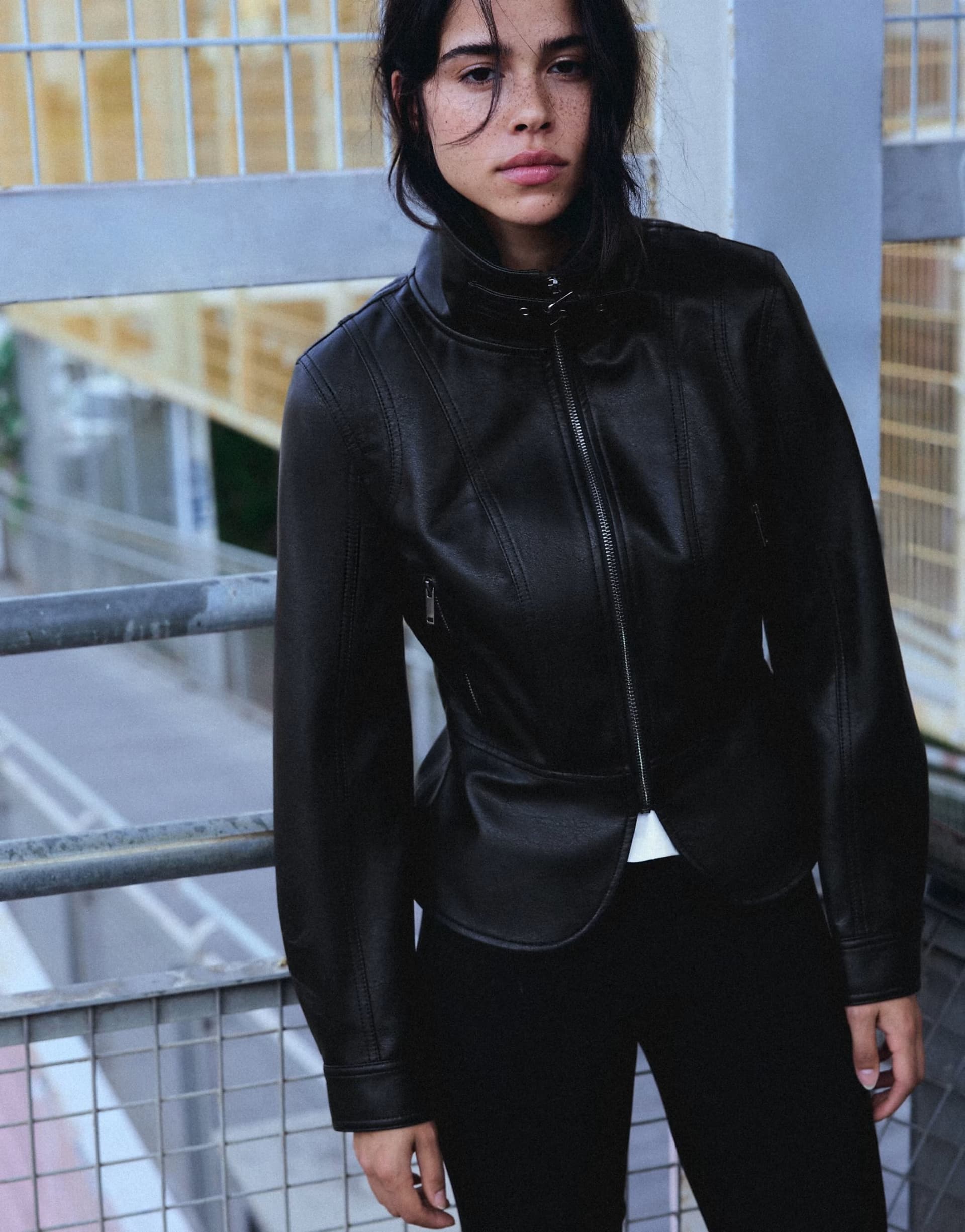 ASOS Bershka Leather-effect peplum jacket in black