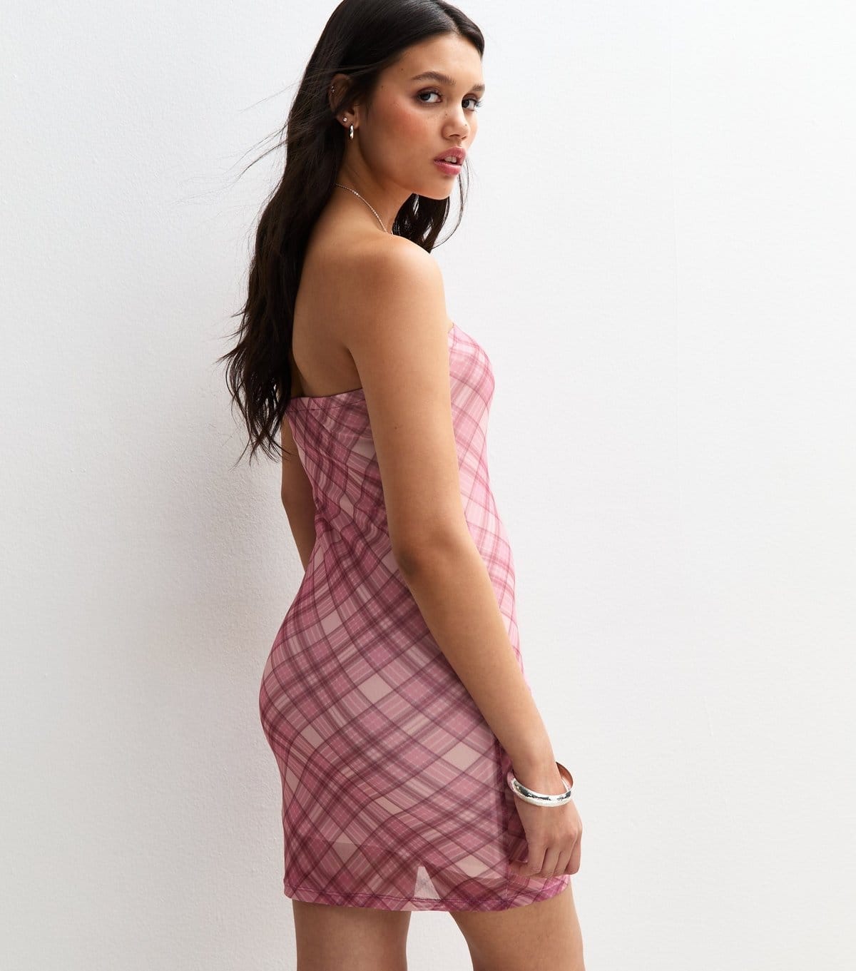 New Look Women's Pink Check Mesh Bandeau Mini Dress New Look - 4