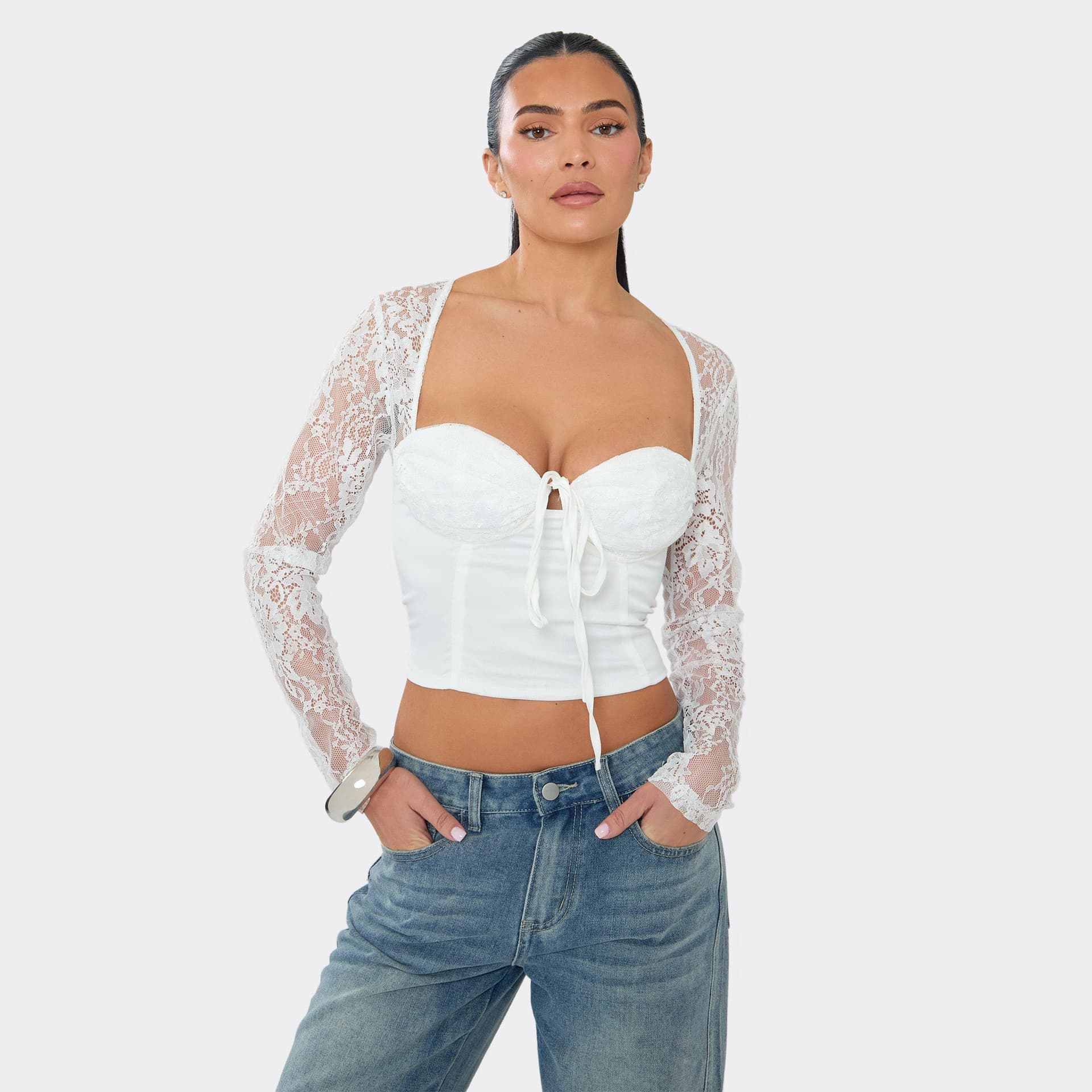 EGO Lace Long Sleeve Underwired Cup Tie Detail Top In White Satin, Women's Size UK 8