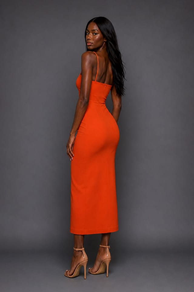 Vesper Vesper Women's Cami Strap Midaxi Dress with Thigh Split in Orange - 3