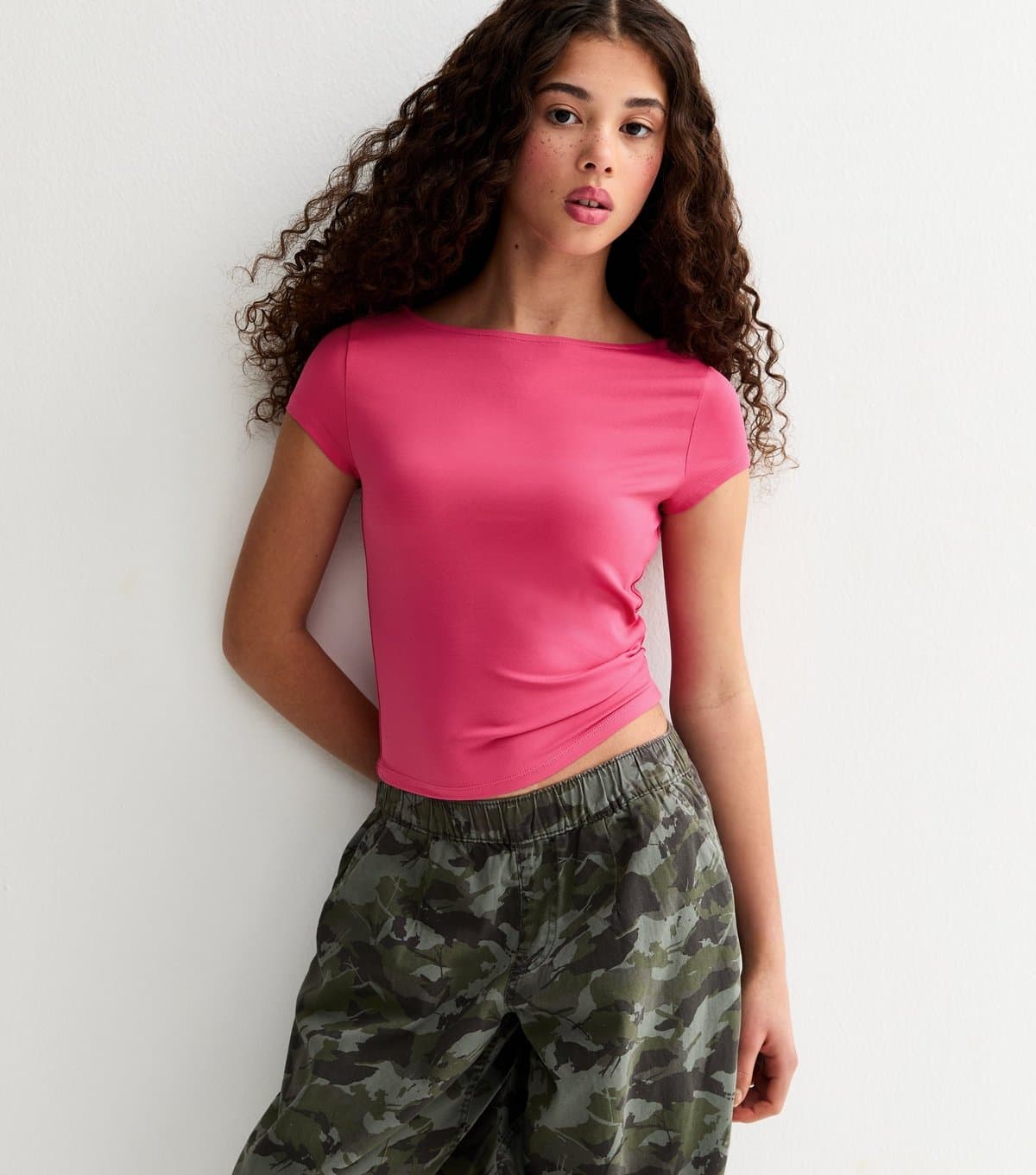 New Look Girls' Dark Pink Slash Neck Slinky T-Shirt New Look