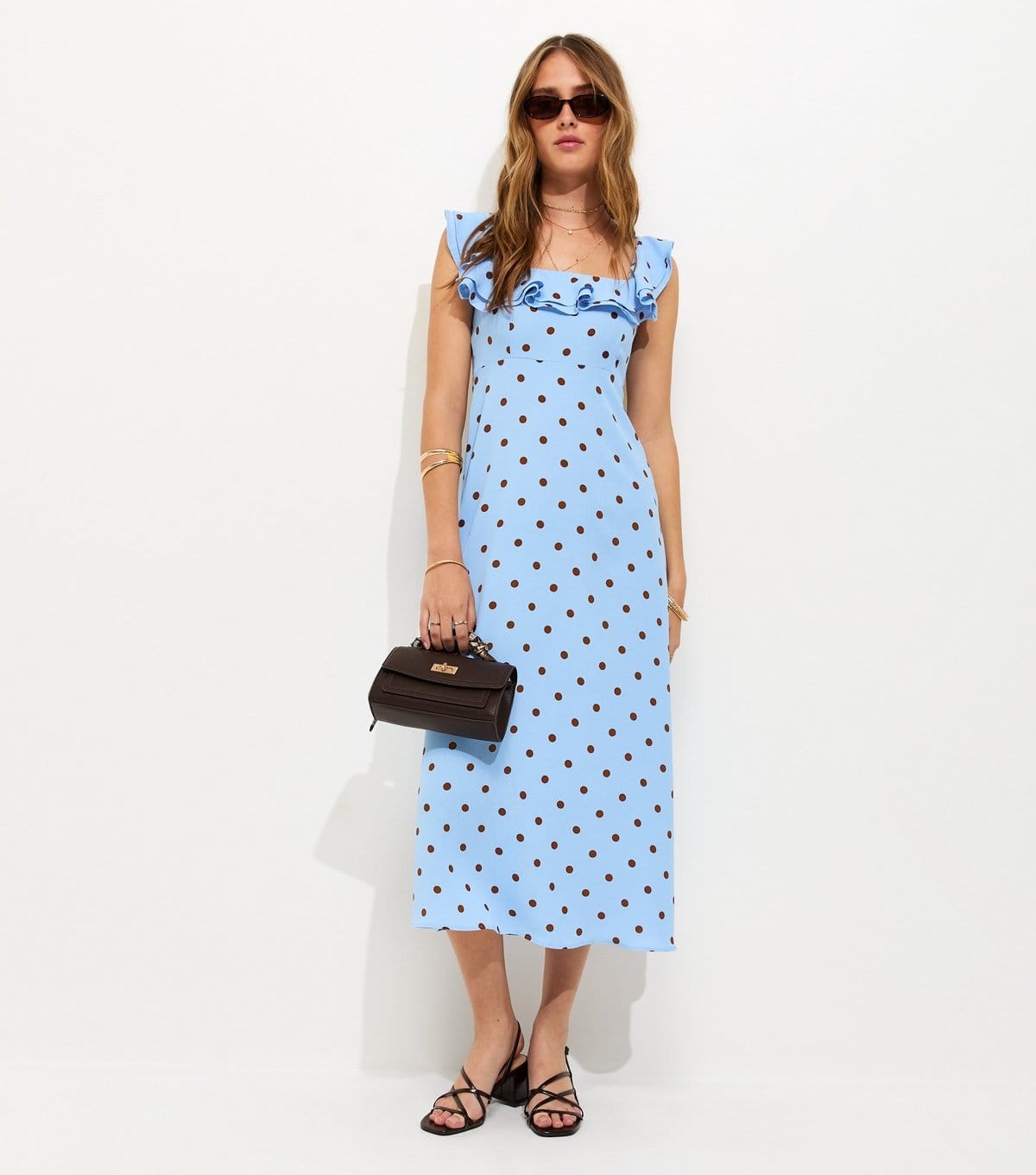 Women's Blue Polka Dot Ruffle Trim Midi Dress New Look