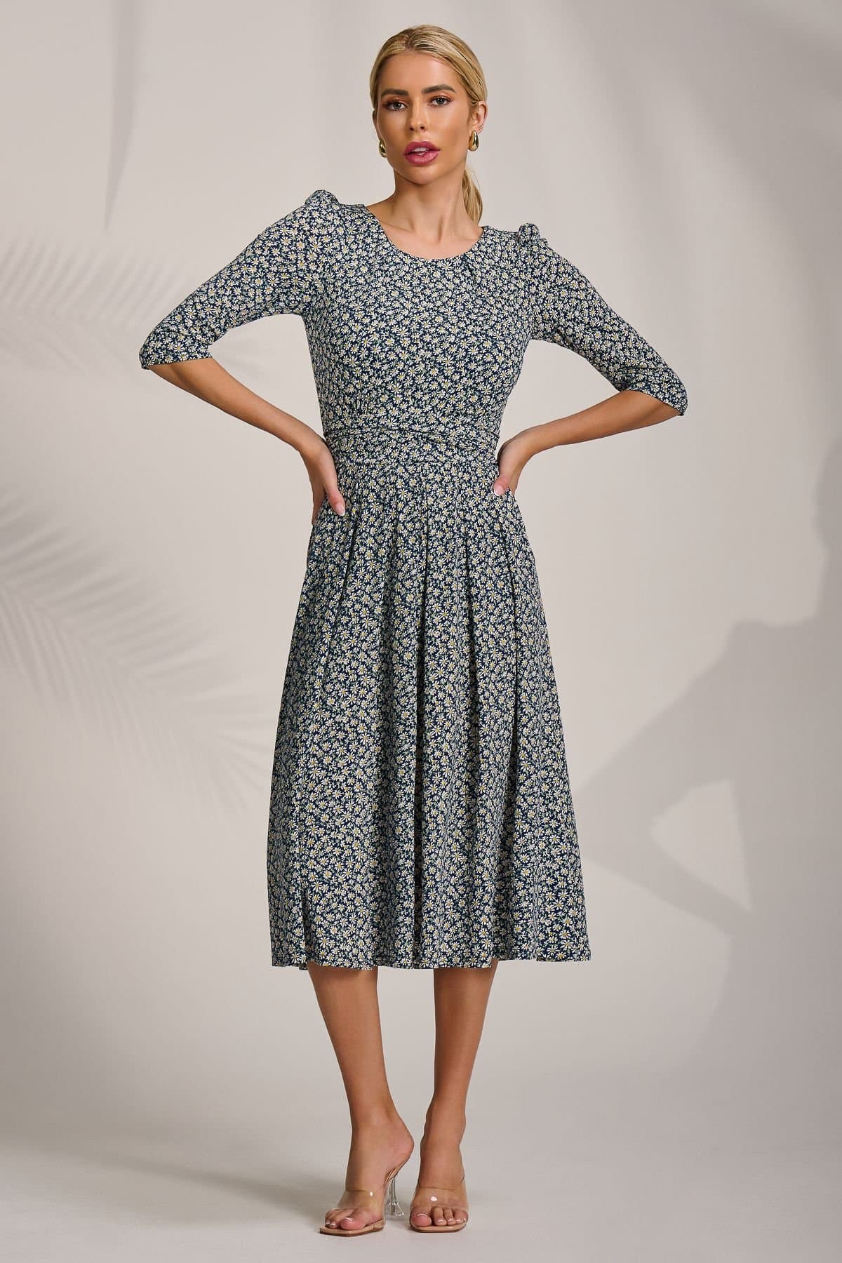 Jolie Moi Jolie Moi Women's Sleeve Printed Jersey Midi Dress in Dark Navy