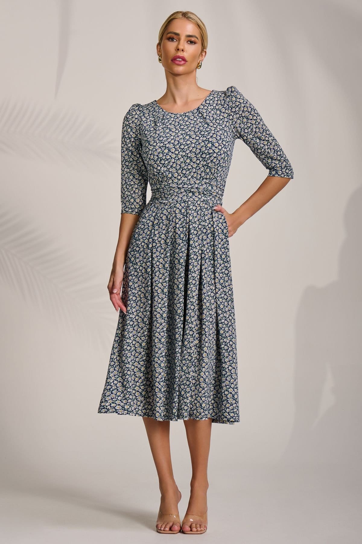 Jolie Moi Jolie Moi Women's Sleeve Printed Jersey Midi Dress in Dark Navy - 4