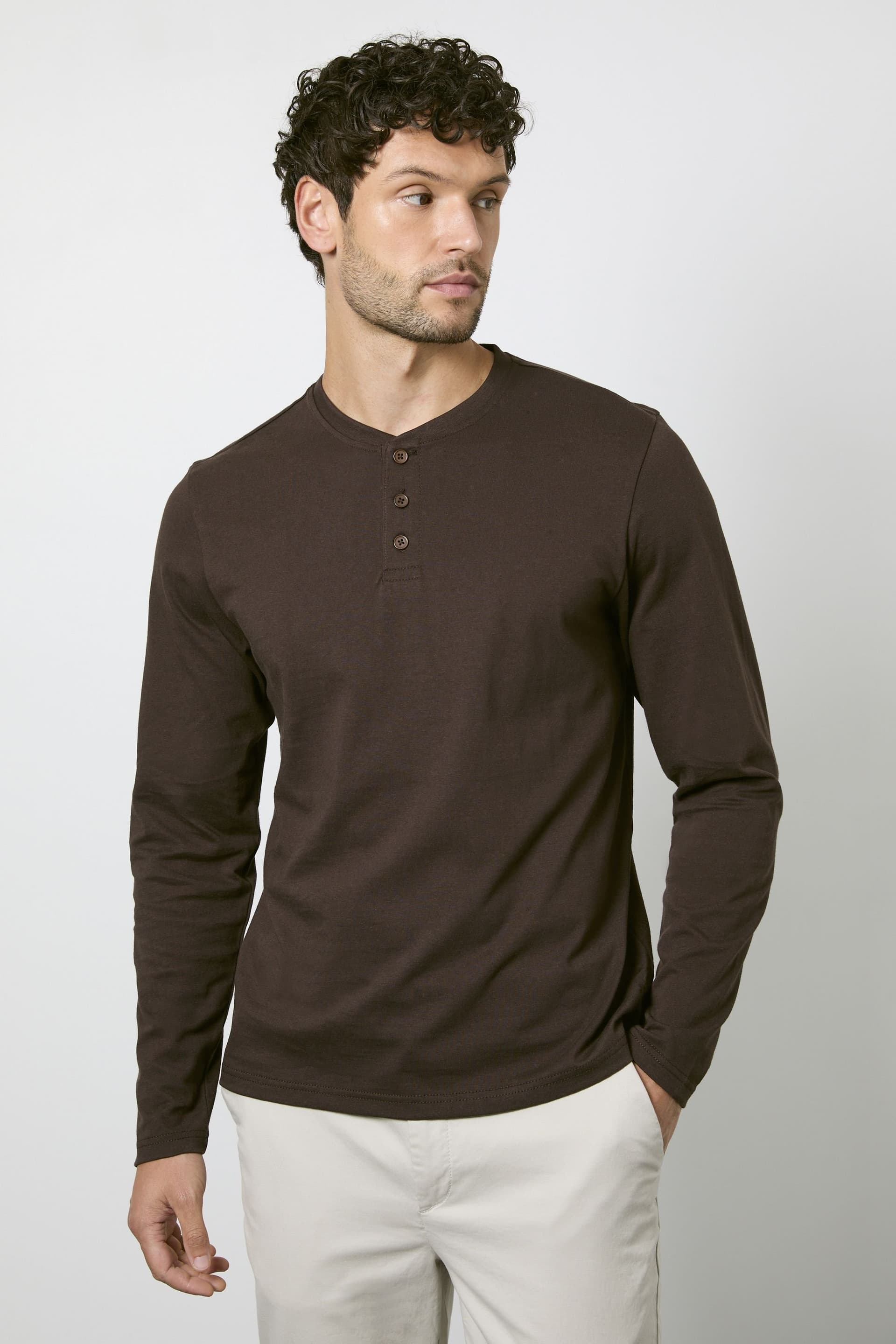 Burton Burton Men's Dark Espresso Long Sleeve Grandad Neck T-shirt in Dark Brown