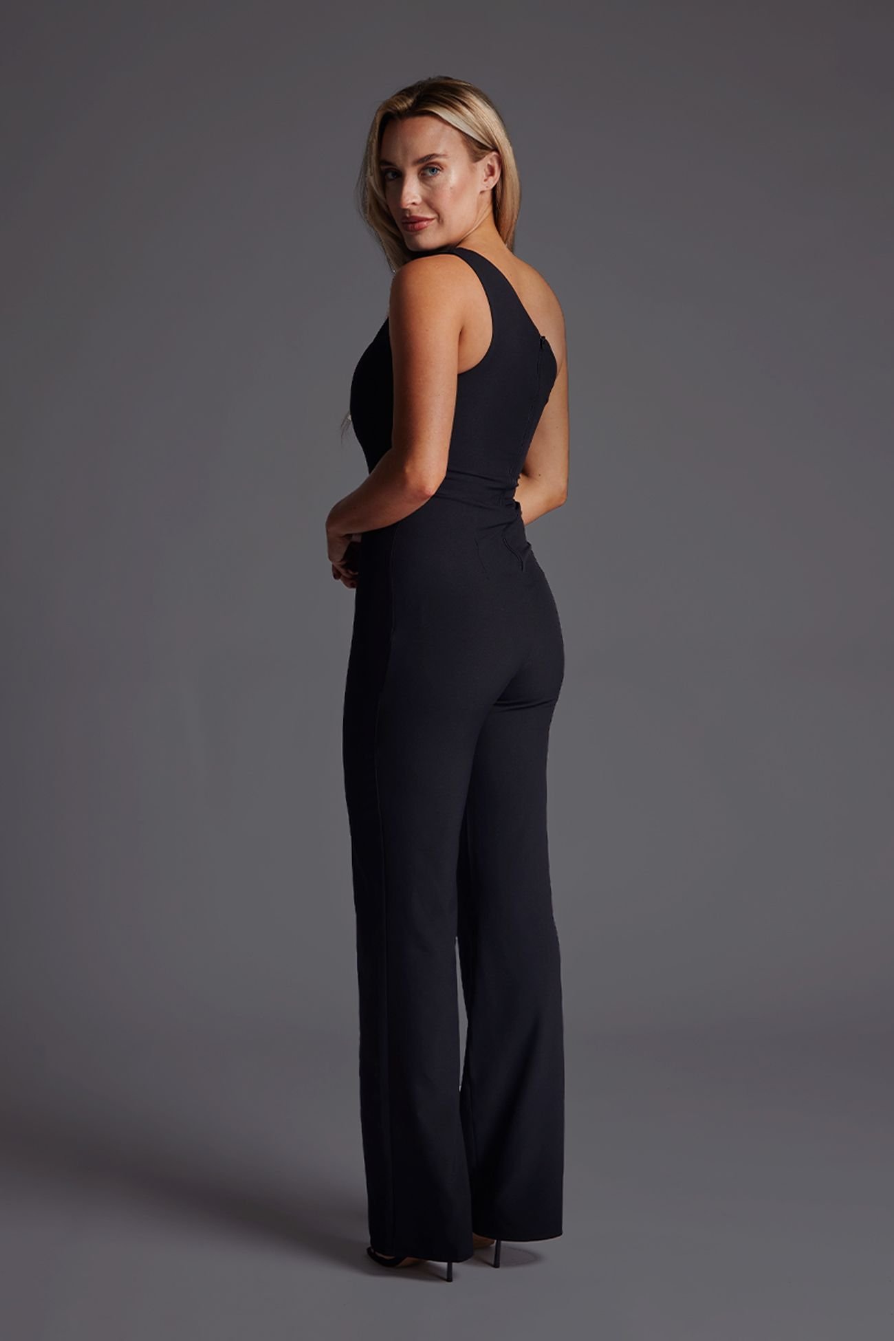 Vesper Vesper Women's One Shoulder Satin Contrast Wide Leg Jumpsuit in Black - 3