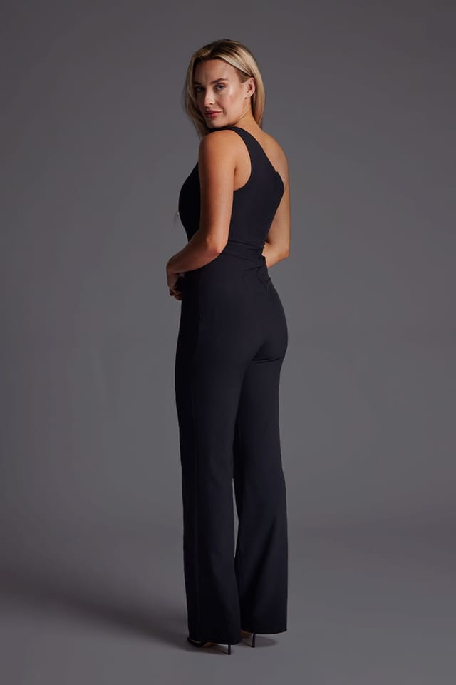 Vesper Vesper Women's One Shoulder Satin Contrast Wide Leg Jumpsuit in Black - 3