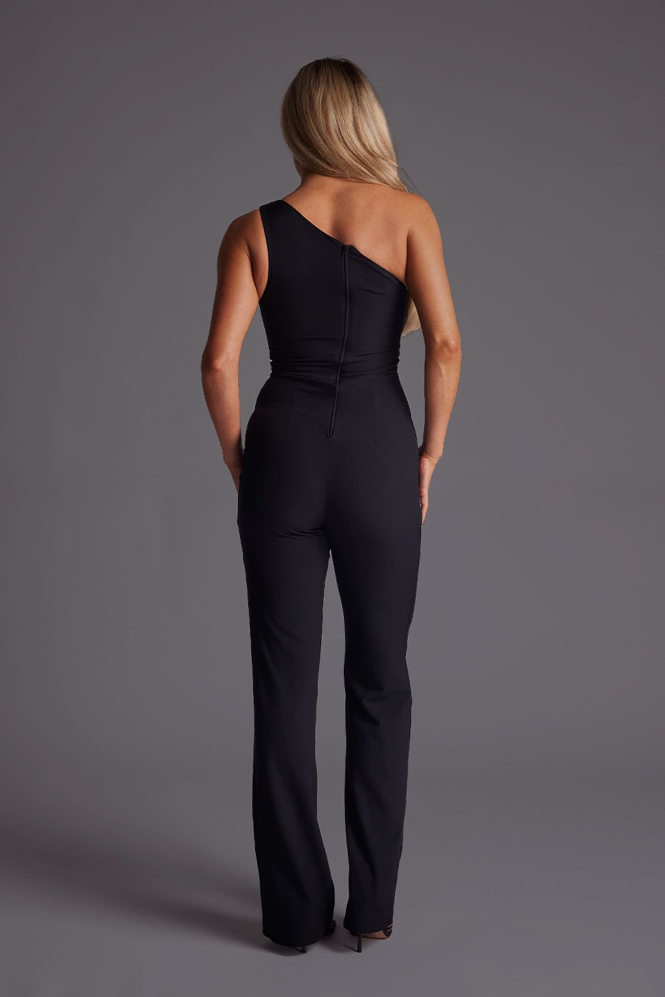 Vesper Vesper Women's One Shoulder Satin Contrast Wide Leg Jumpsuit in Black - 4