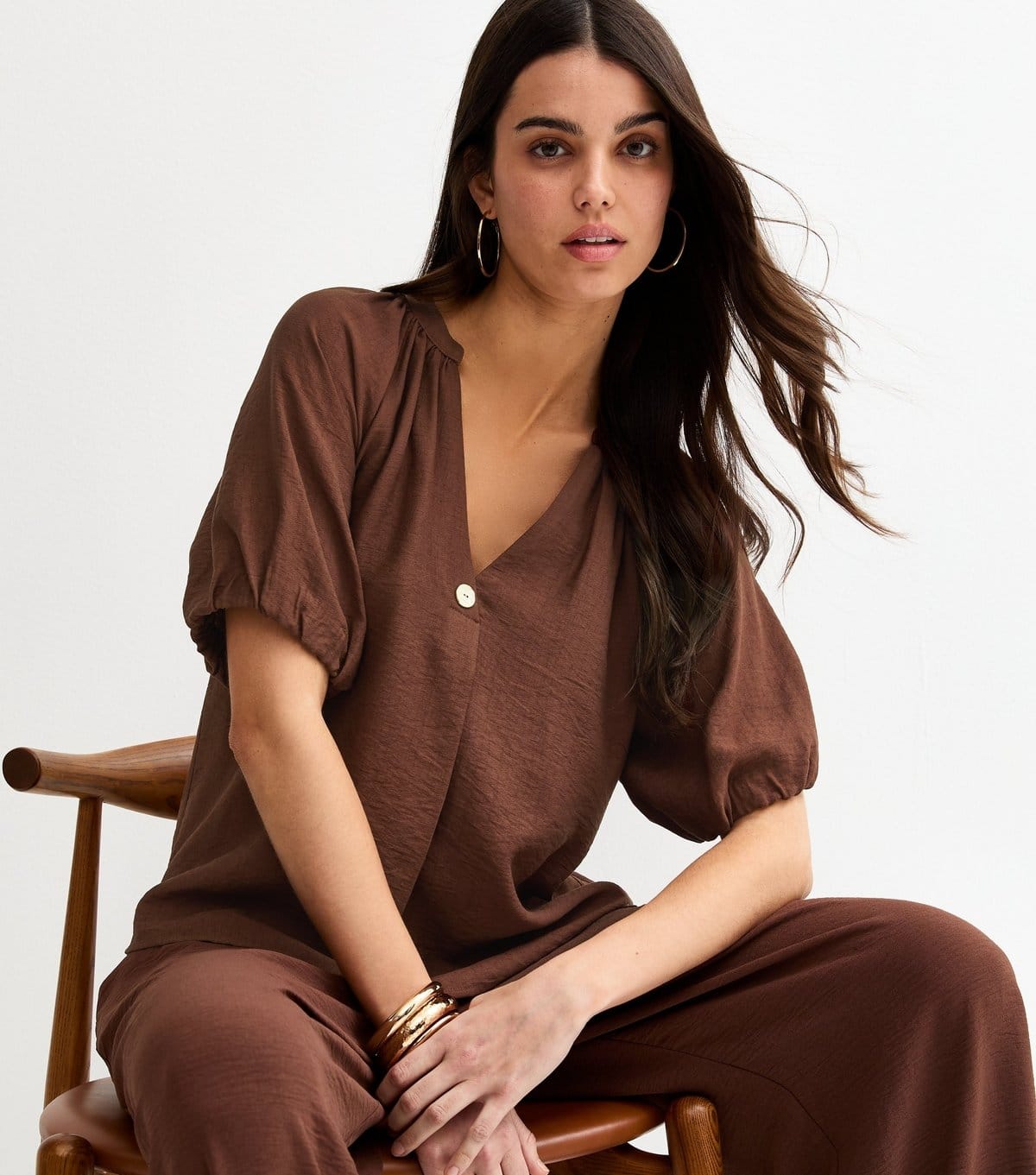 New Look Brown Puff Sleeve V-Neck Blouse
