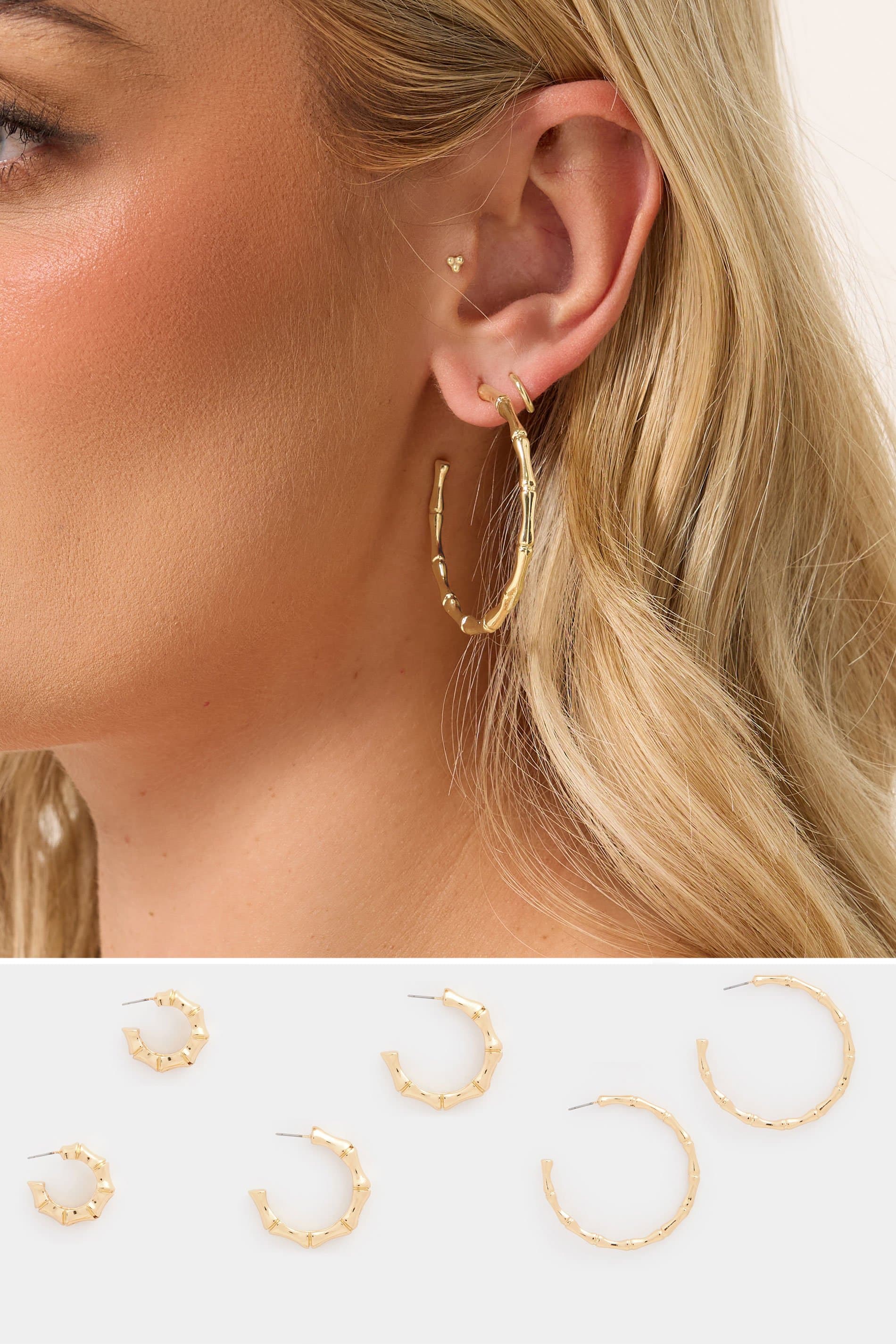 Yours 3 Pack Gold Tone Bamboo Hoop Earrings Set