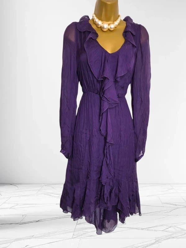 Phase Eight Phase Eight Purple Silk Chiffon Boho Ruffle Dress Size L 12 14 Romantic Y2K whimsigoth vintage