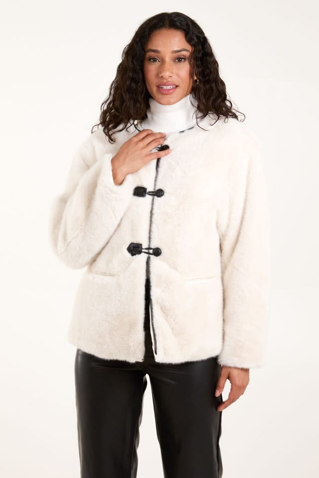 Blue Vanilla Blue Vanilla Women's Collarless Toggle Detail Fur Jacket in Cream - 2