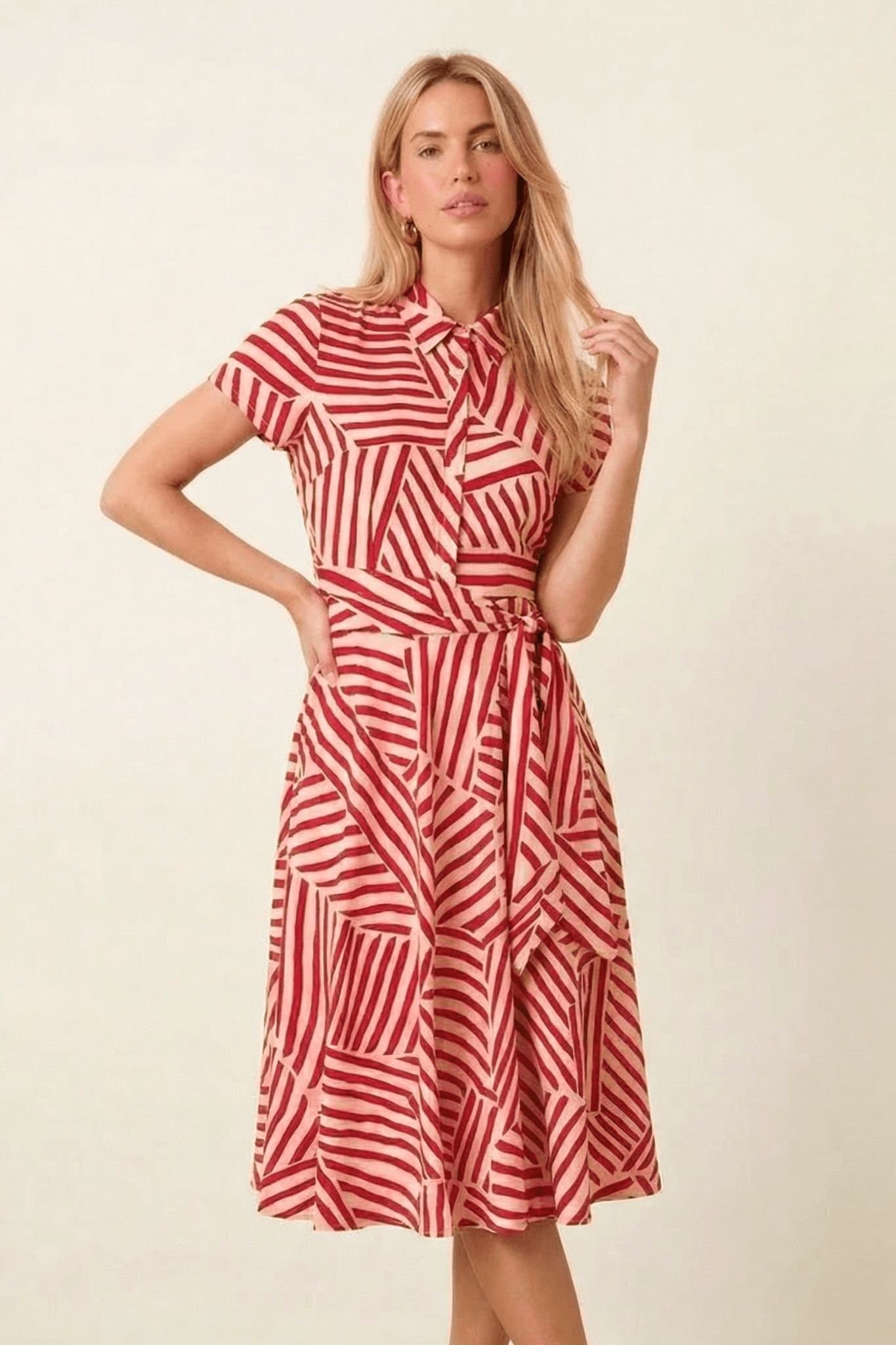 Style Cheat Style Cheat Women's Red & White Geometric Stripe Midi Shirt Dress