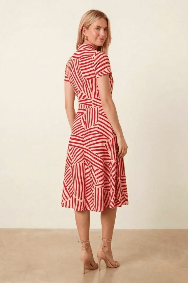 Style Cheat Style Cheat Women's Red & White Geometric Stripe Midi Shirt Dress - 2