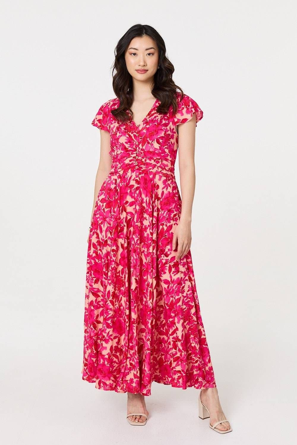 Izabel London Izabel London Women's Floral Cap Sleeve Ruched Maxi Dress in Pink