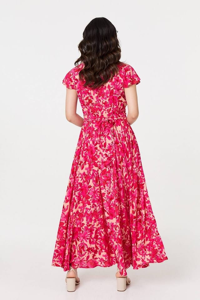 Izabel London Izabel London Women's Floral Cap Sleeve Ruched Maxi Dress in Pink - 3