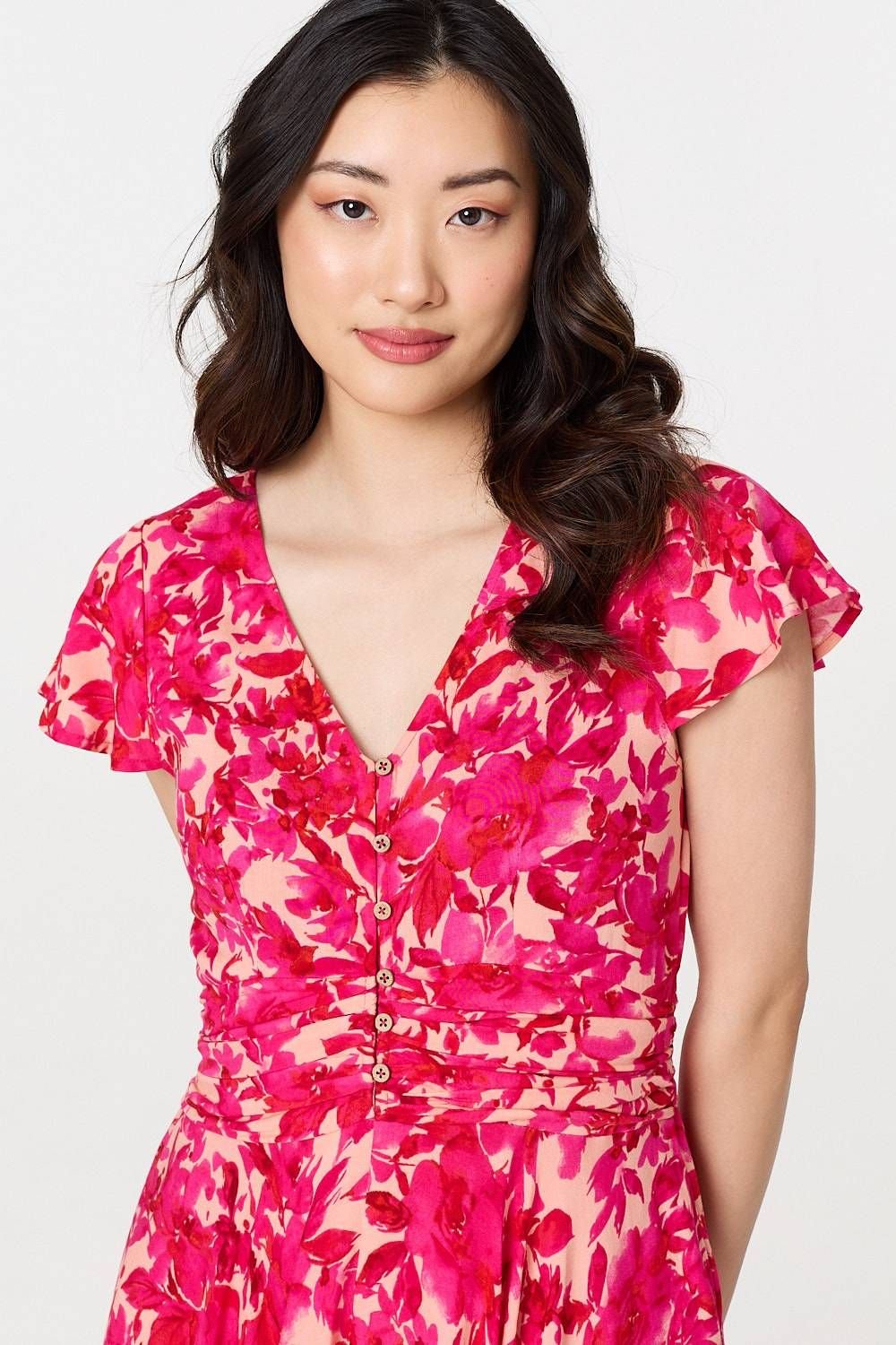 Izabel London Izabel London Women's Floral Cap Sleeve Ruched Maxi Dress in Pink - 4