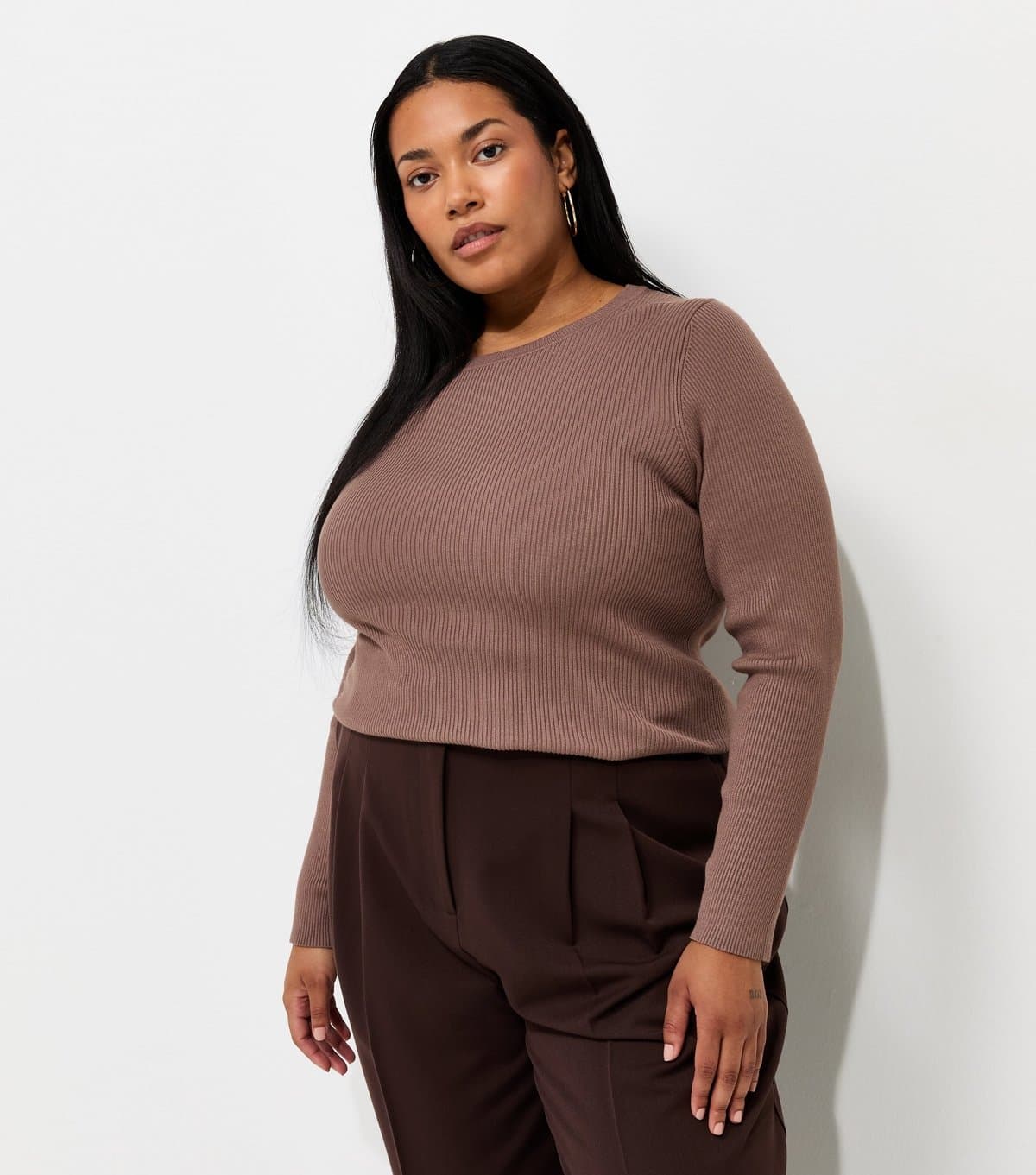 New Look Women's Plus Size Dark Mink Lightweight Ribbed Knit Crew Neck Jumper Curves New Look