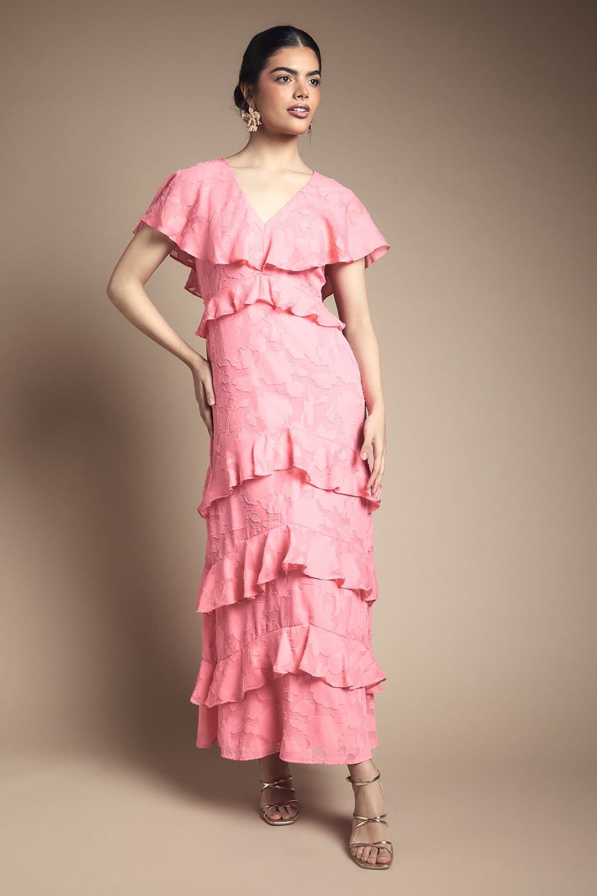 Oasis Oasis Women's Jacquard Ruffle Maxi Dress in Coral