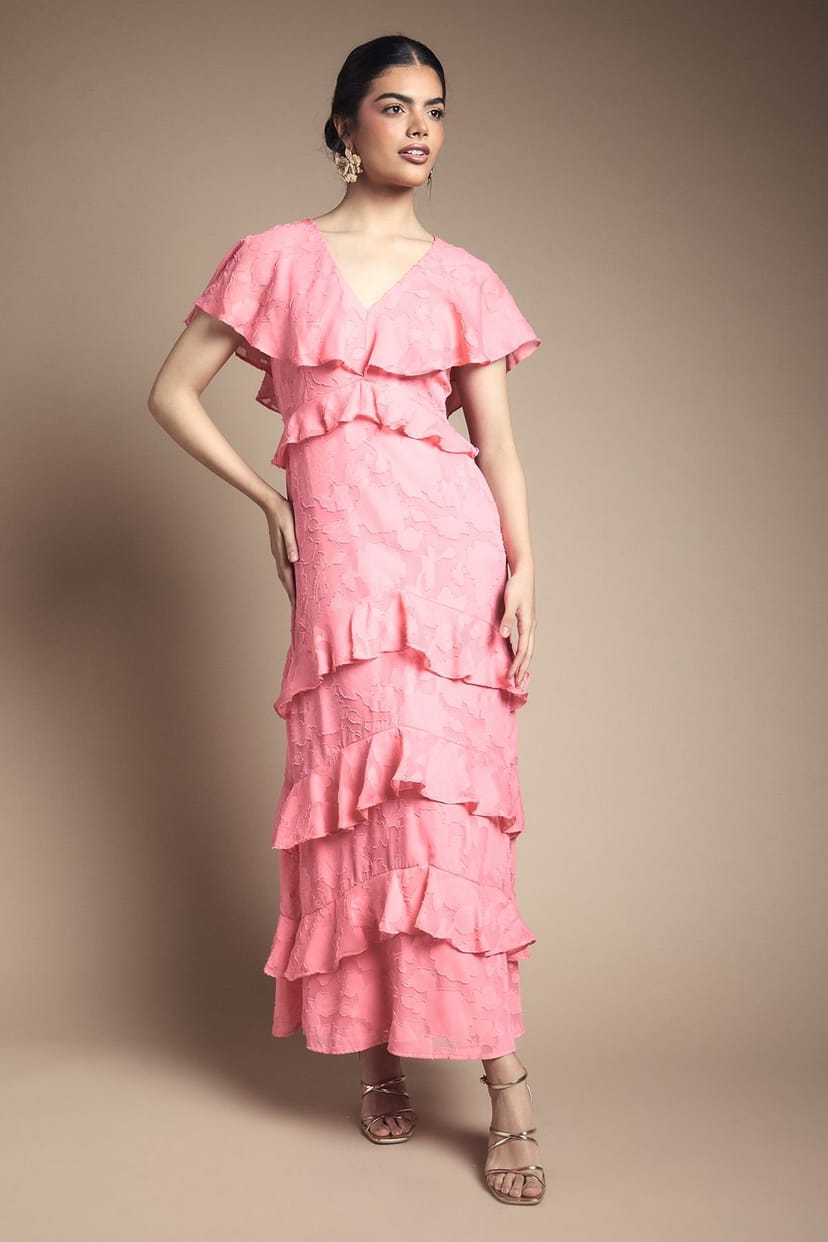 Oasis Oasis Women's Jacquard Ruffle Maxi Dress in Coral - 1