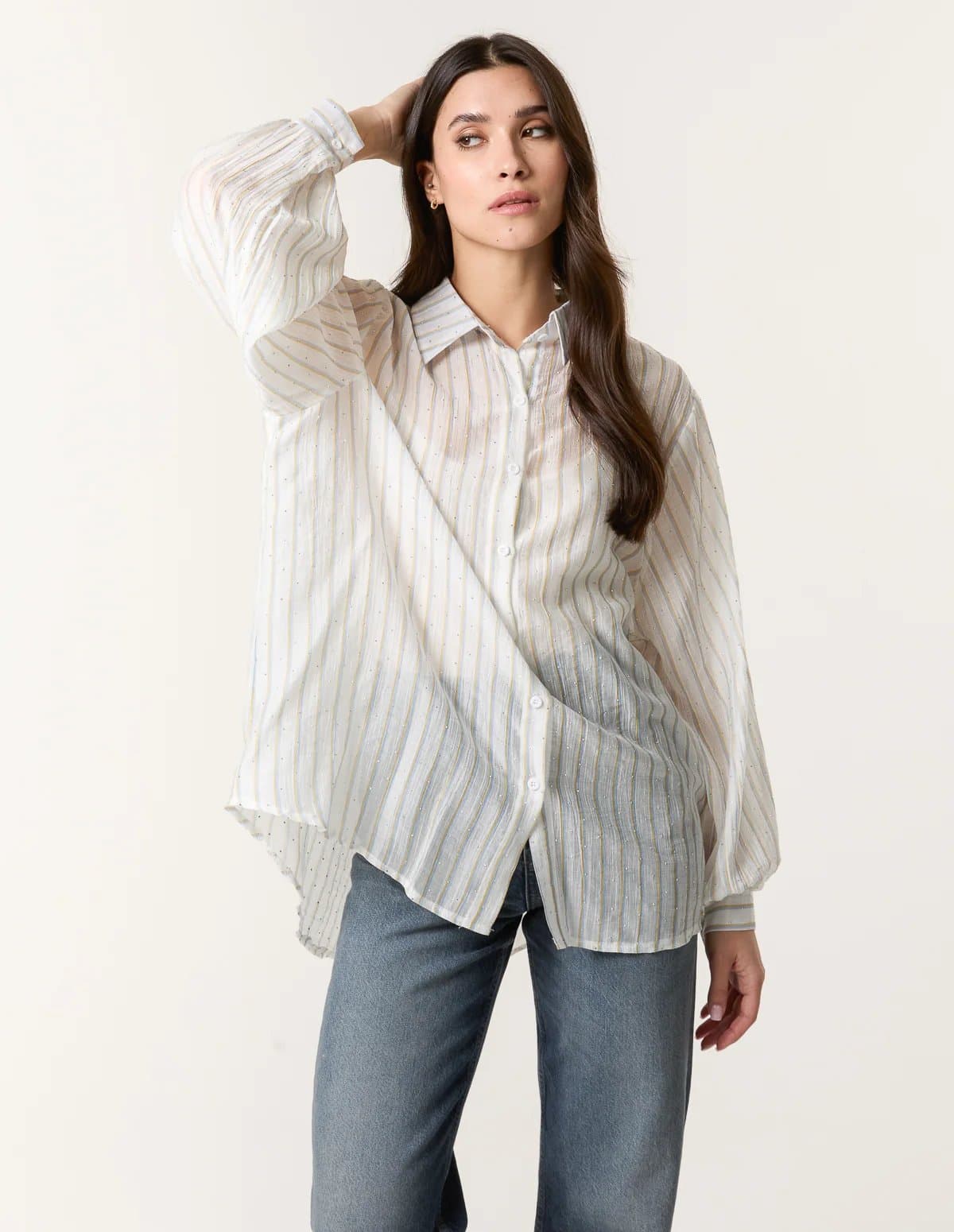 Blue Vanilla Diamante Detailed Shirt With Vertical Stripes