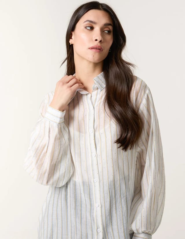 Blue Vanilla Diamante Detailed Shirt With Vertical Stripes - 2