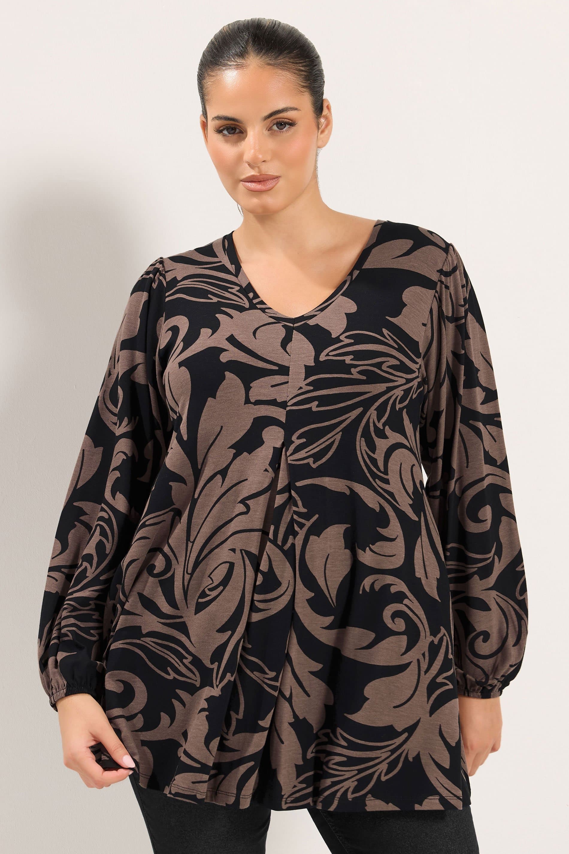 Yours Plus Size Womens Brown Abstract Pleat Front Top