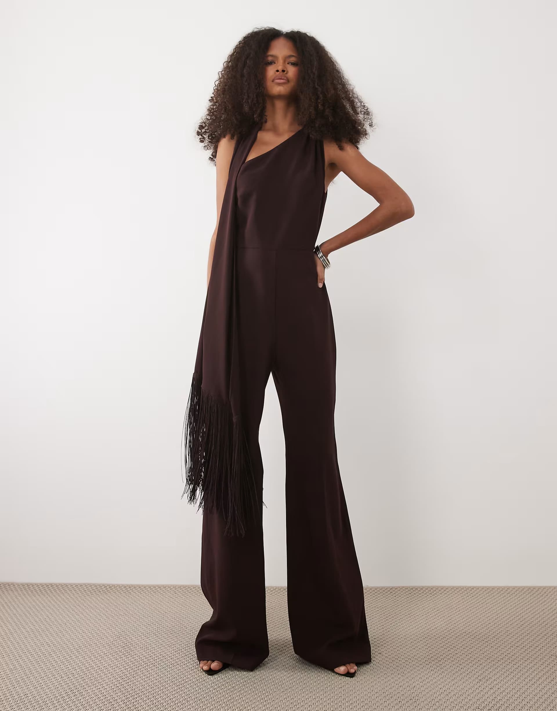 ASOS Mango one shoulder jumpsuit with tassle scarf in brown