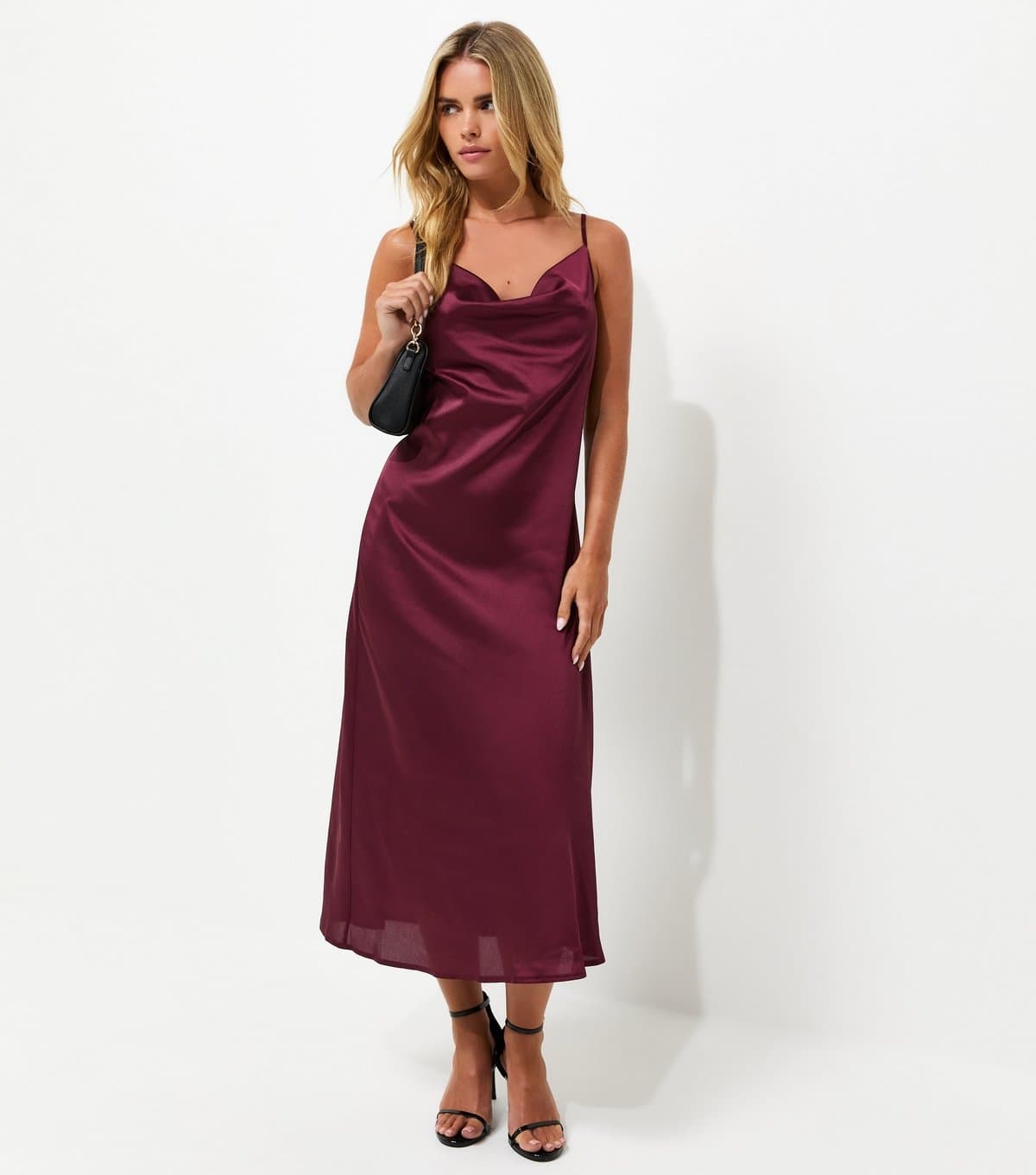 New Look Women's Petite Dark Burgundy Satin Cowl Neck Strappy Midi Dress New Look