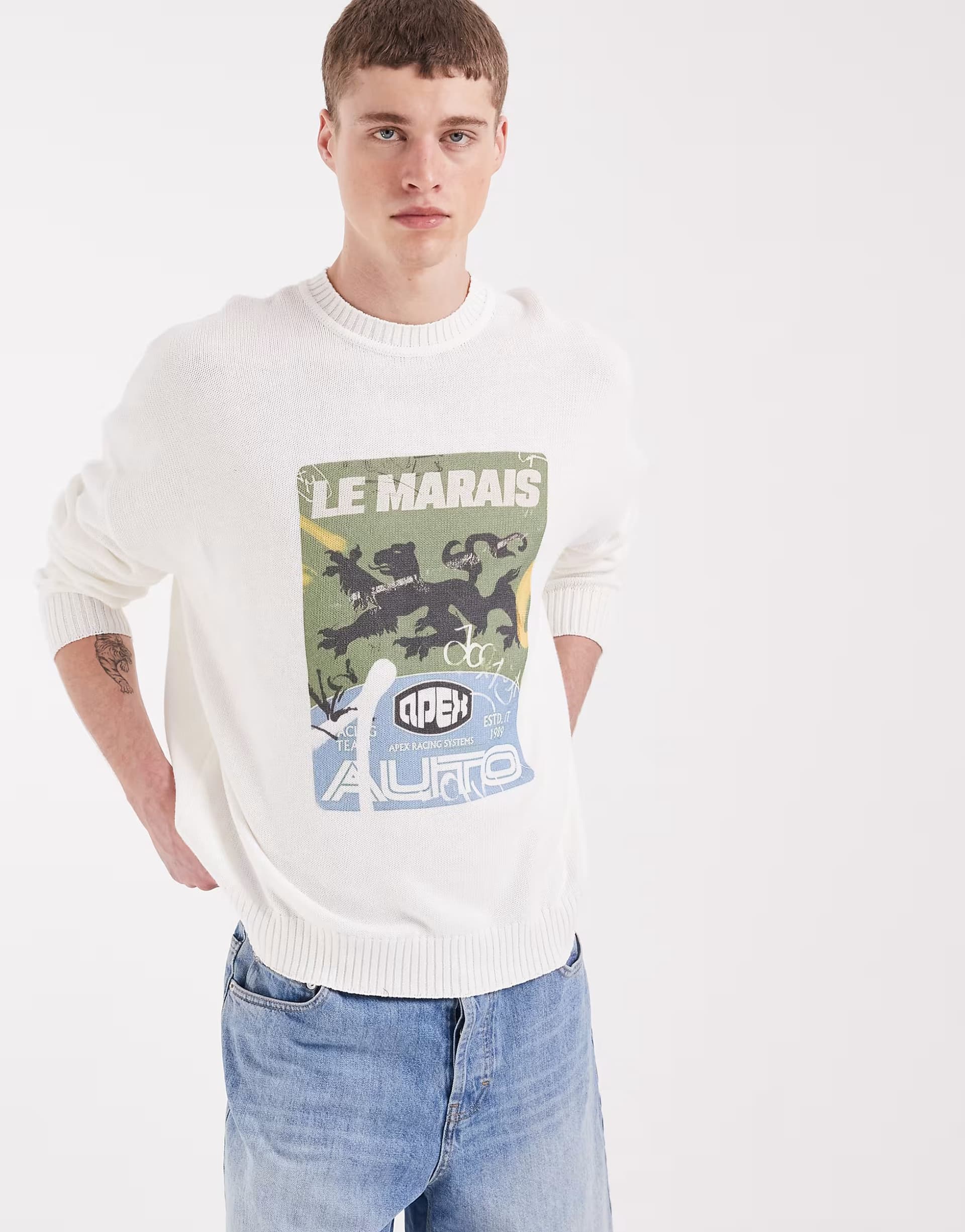 ASOS ASOS DESIGN oversized knitted crew neck jumper with Le Marais print in ecru