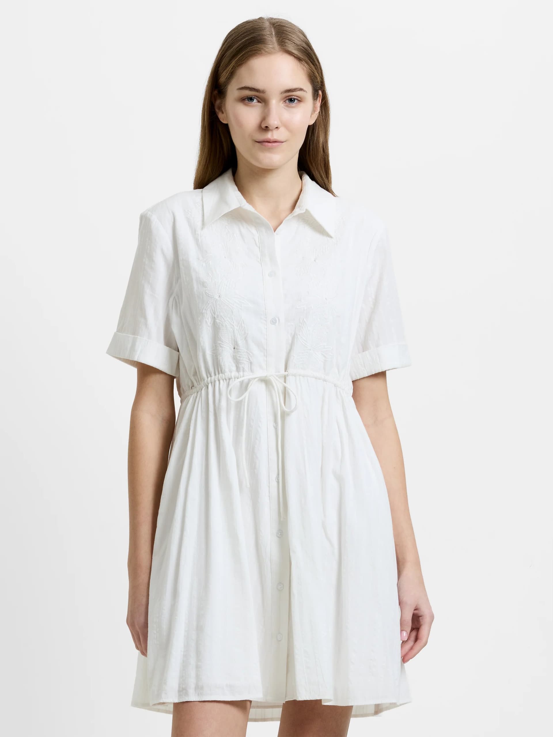 French Connection Barnet Cotton Embroidered Striped Mini Dress Linen White