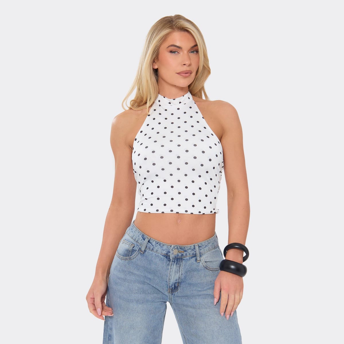EGO Halter Neck Open Back Cropped Top In White Polka Dot Slinky, Women's Size UK 4 - 1