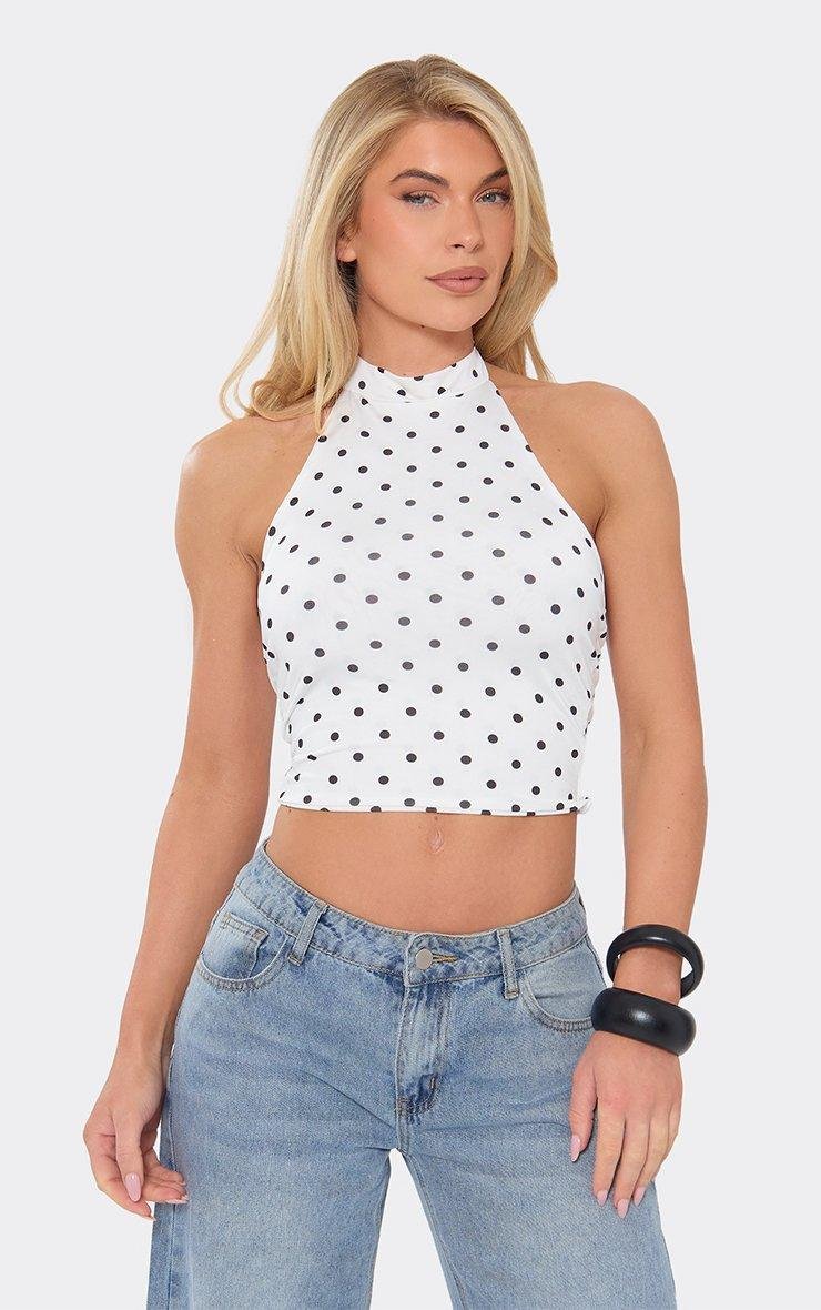 EGO Halter Neck Open Back Cropped Top In White Polka Dot Slinky, Women's Size UK 4 - 2