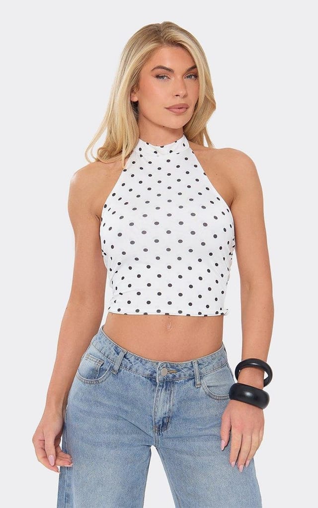 EGO Halter Neck Open Back Cropped Top In White Polka Dot Slinky, Women's Size UK 4 - 2
