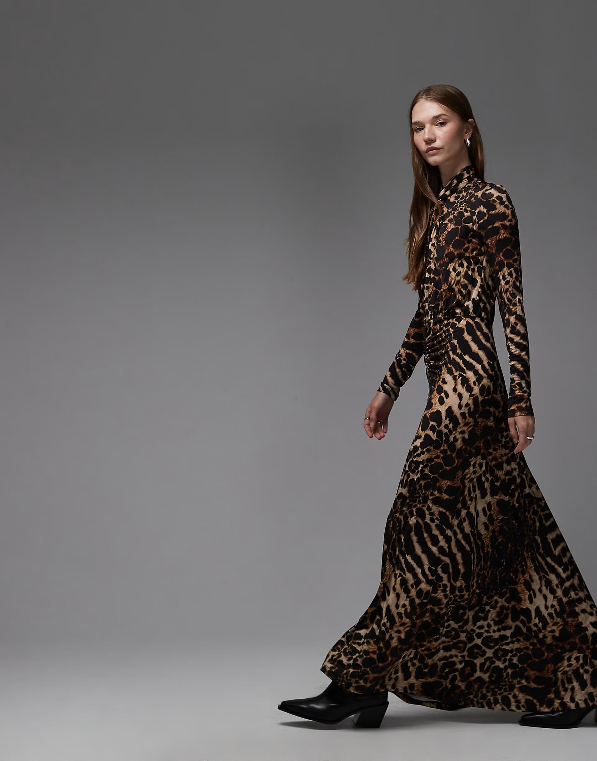 ASOS Allsaints mina long sleeve animal print maxi dress in black and gold
