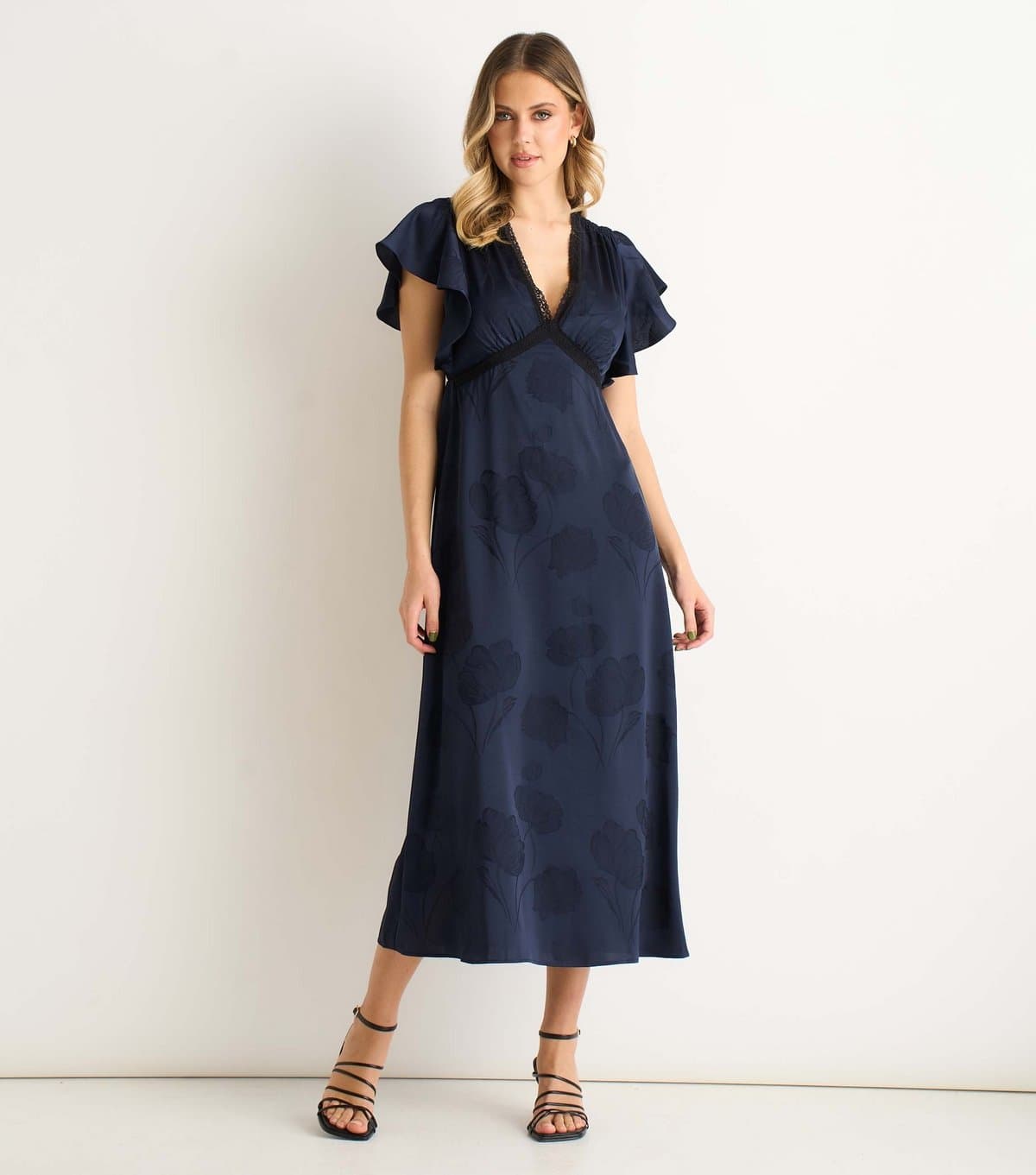 Gini London Women's Navy Floral Satin Lace Trim Midi Dress Gini London New Look