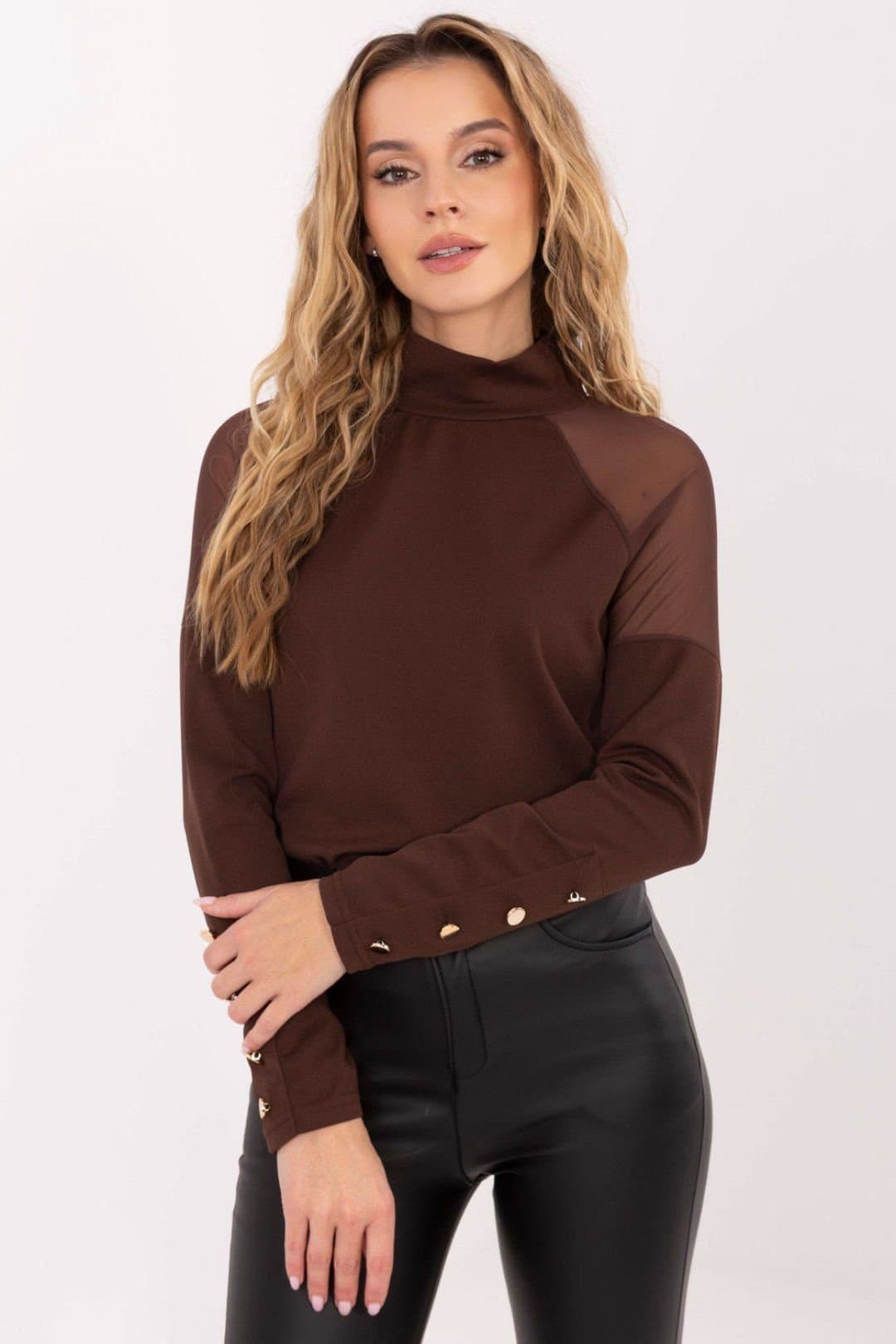 Love Lace Love Lace Women's Elegant Long Sleeve Blouse with Mesh Shoulders in Brown