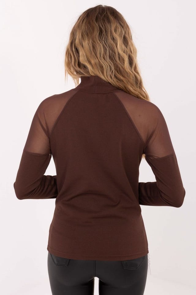 Love Lace Love Lace Women's Elegant Long Sleeve Blouse with Mesh Shoulders in Brown - 3